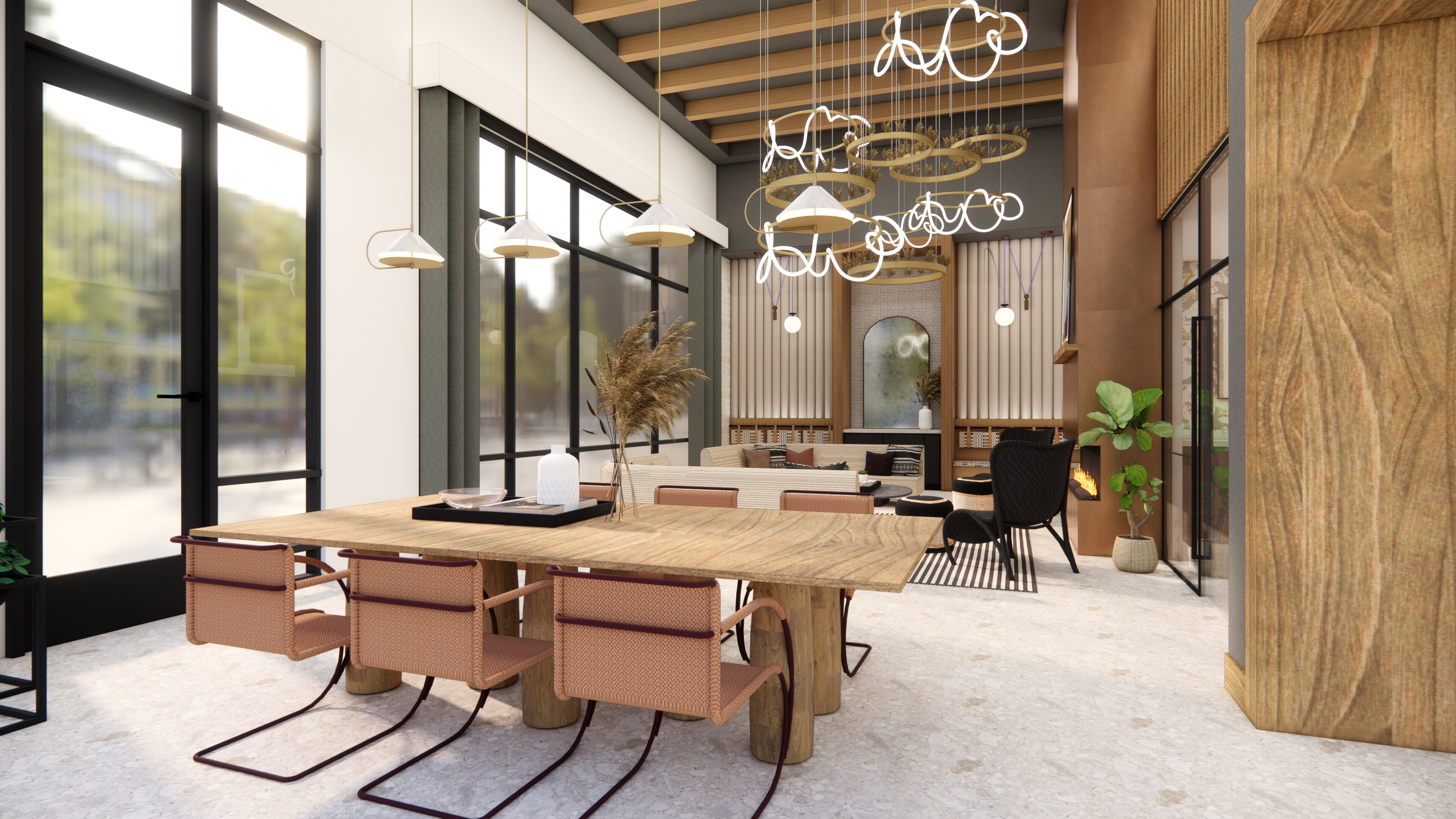lounge with tables and ample seating modera higley commons apartment homes for rent in gilbert az