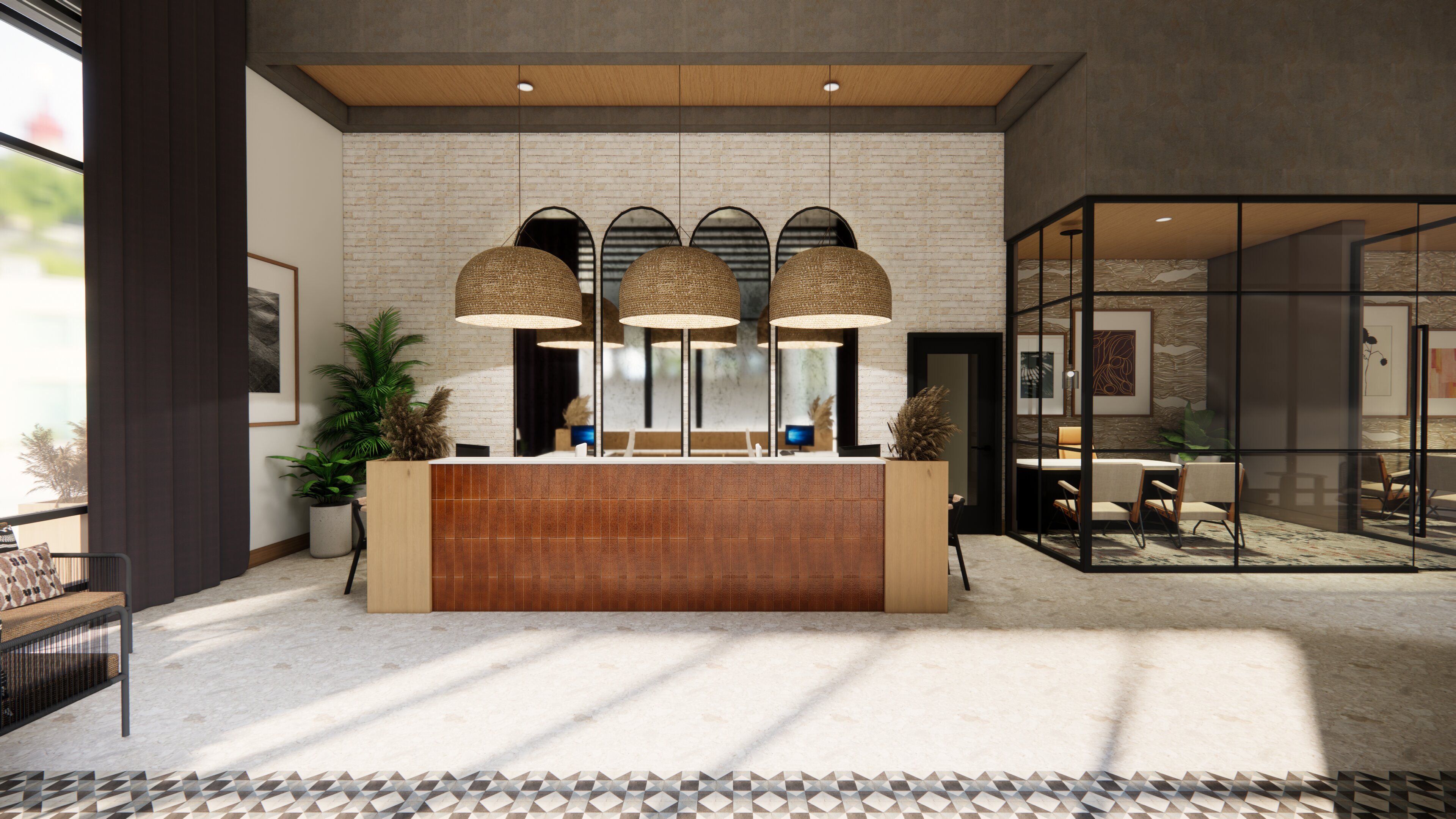 lobby with tasteful finishes and open floor plan modera higley commons apartment homes for rent in gilbert az