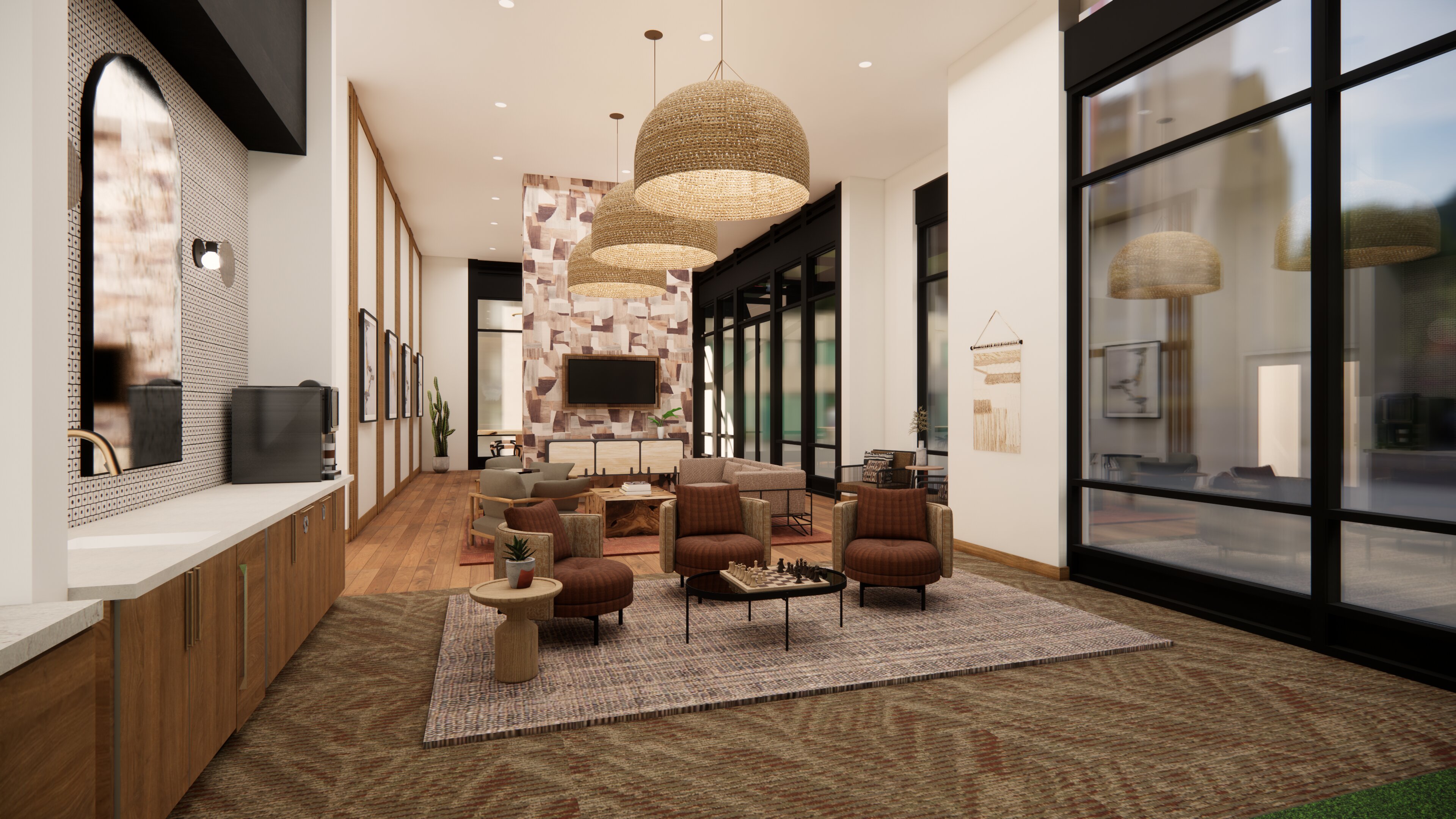 community space with high end finishes and large windows modera higley commons apartment homes for rent in gilbert az