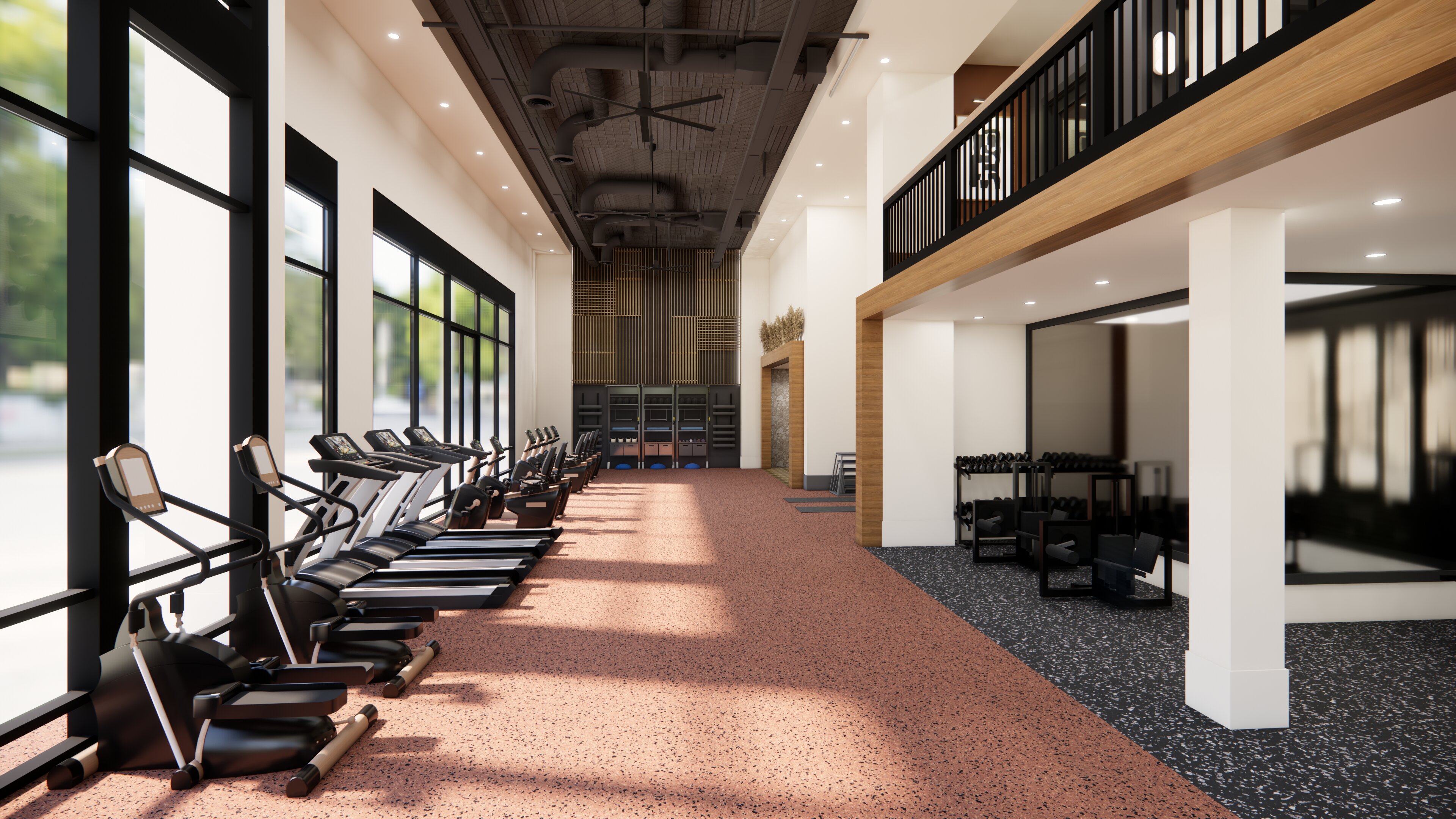 fitness center with cardio equipment with large windows modera higley commons apartment homes for rent in gilbert az