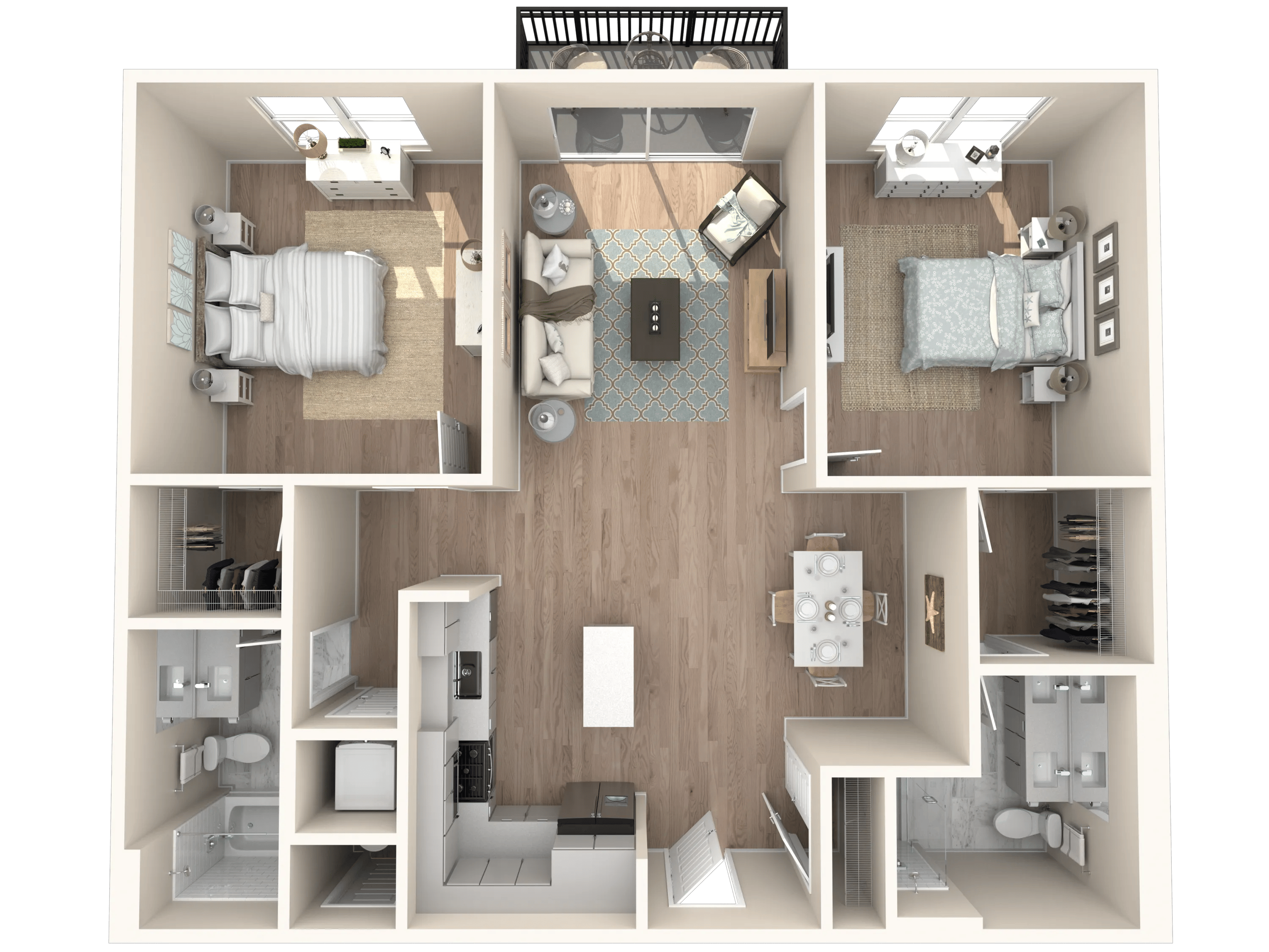 1210 square foot two bed two bath floor plan in Tampa, FL