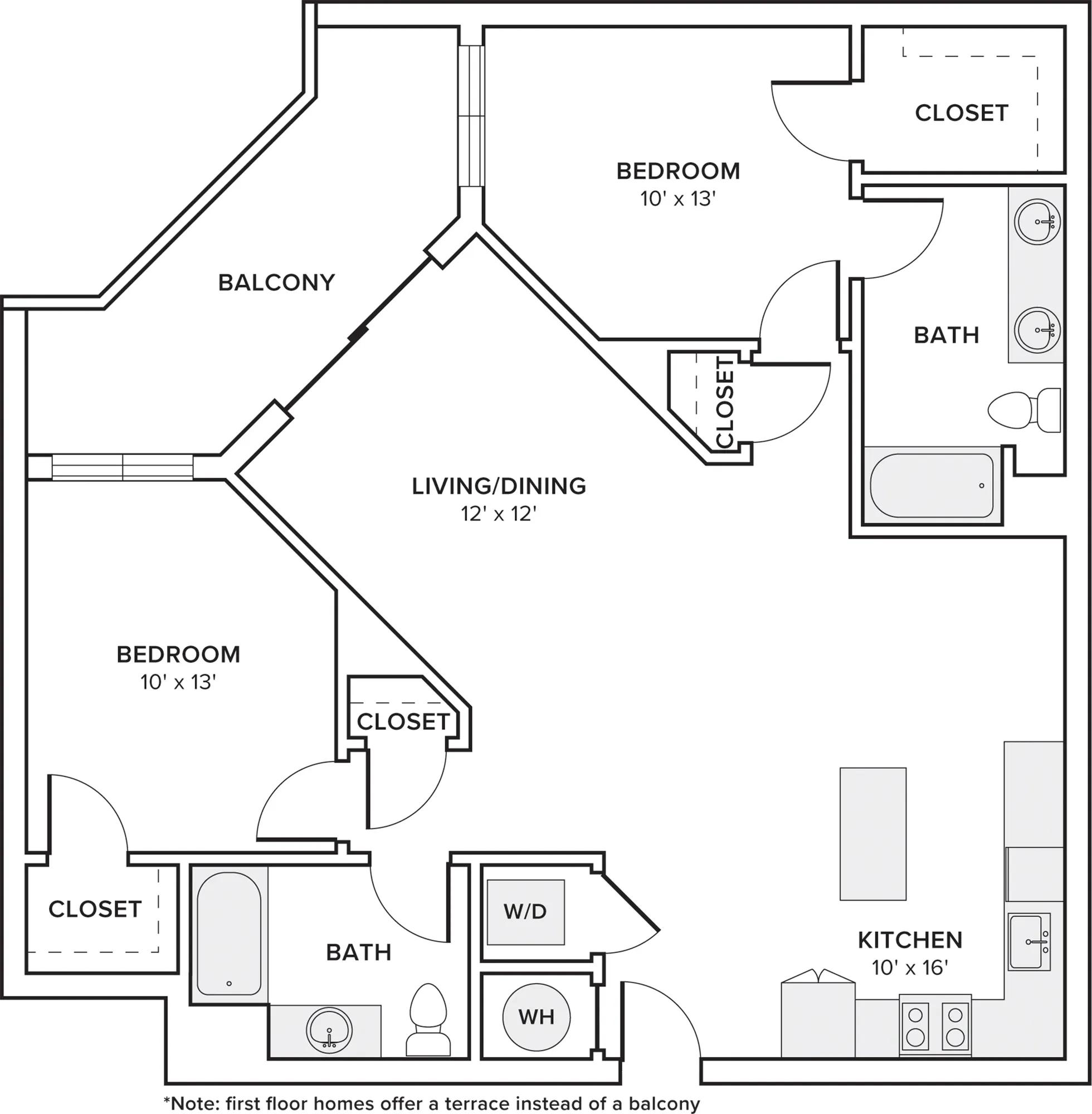 1148 square foot two bedroom two bathroom apartment floorplan image