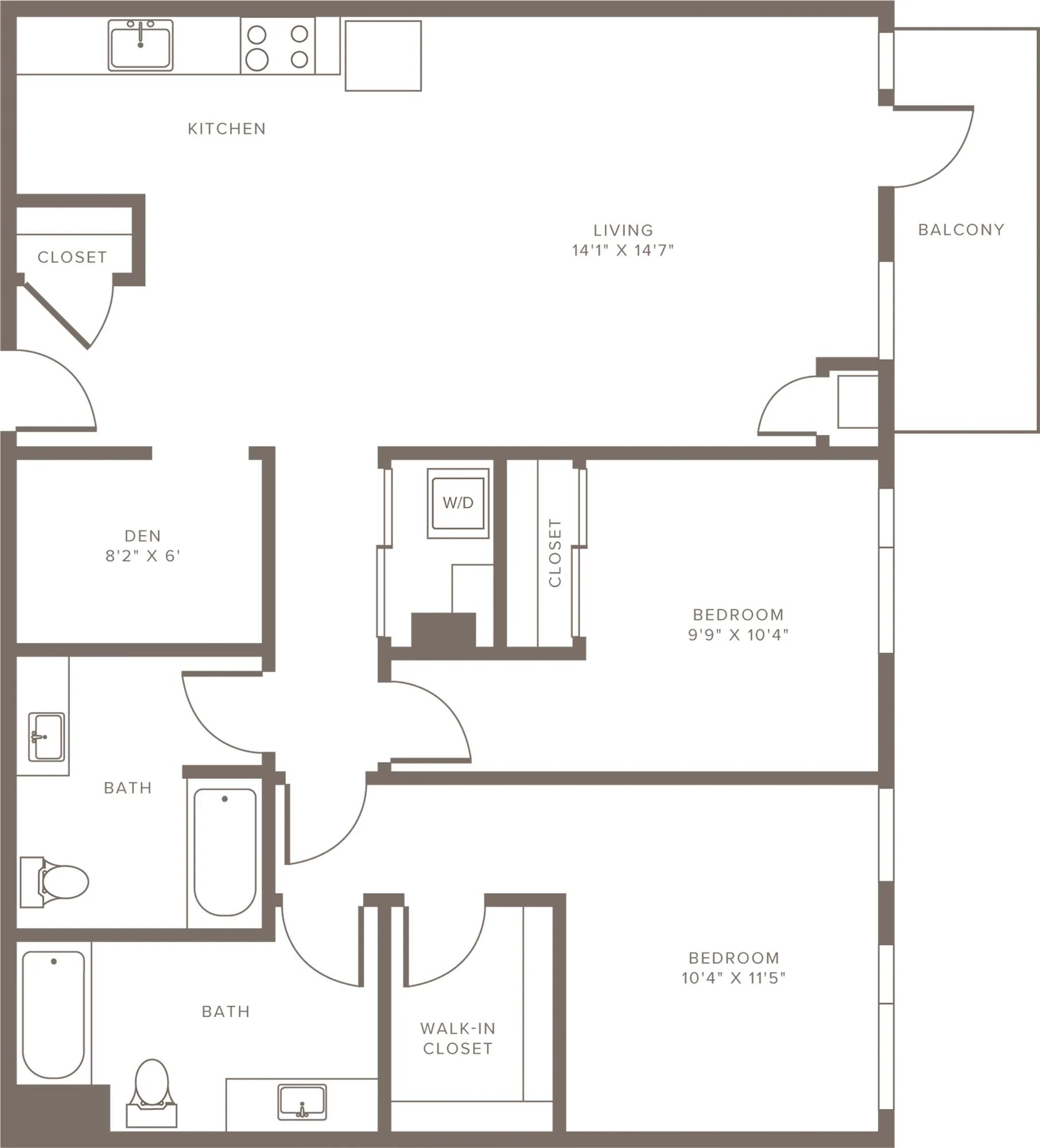 1208 square foot two bedroom two bath with den and balcony apartment floorplan image
