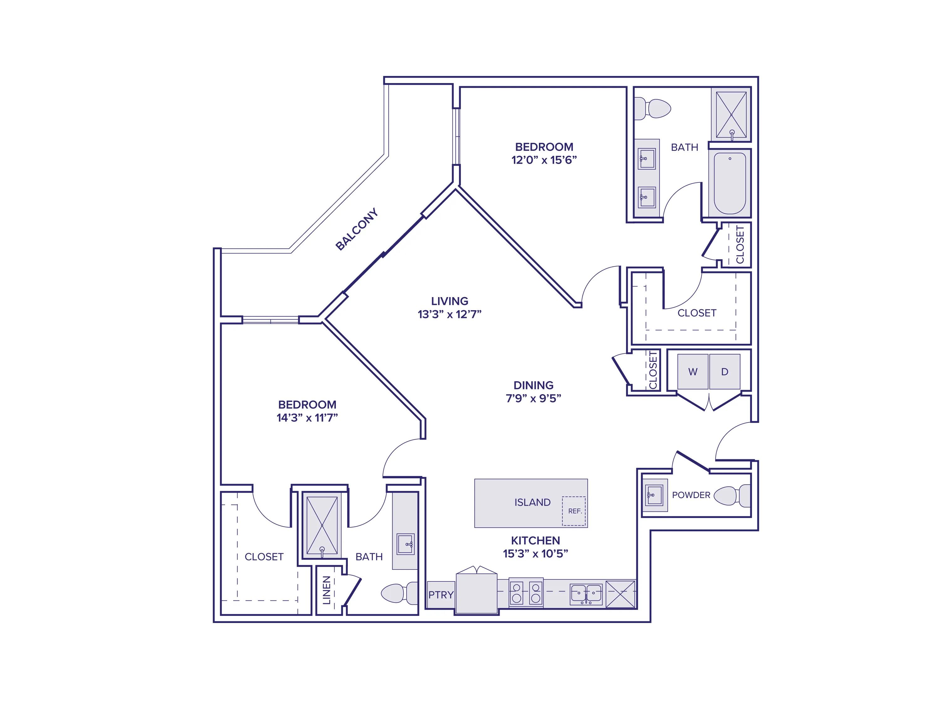 1264 square foot two bed two and a half bath apartment floor plan in Scottsdale, AZ