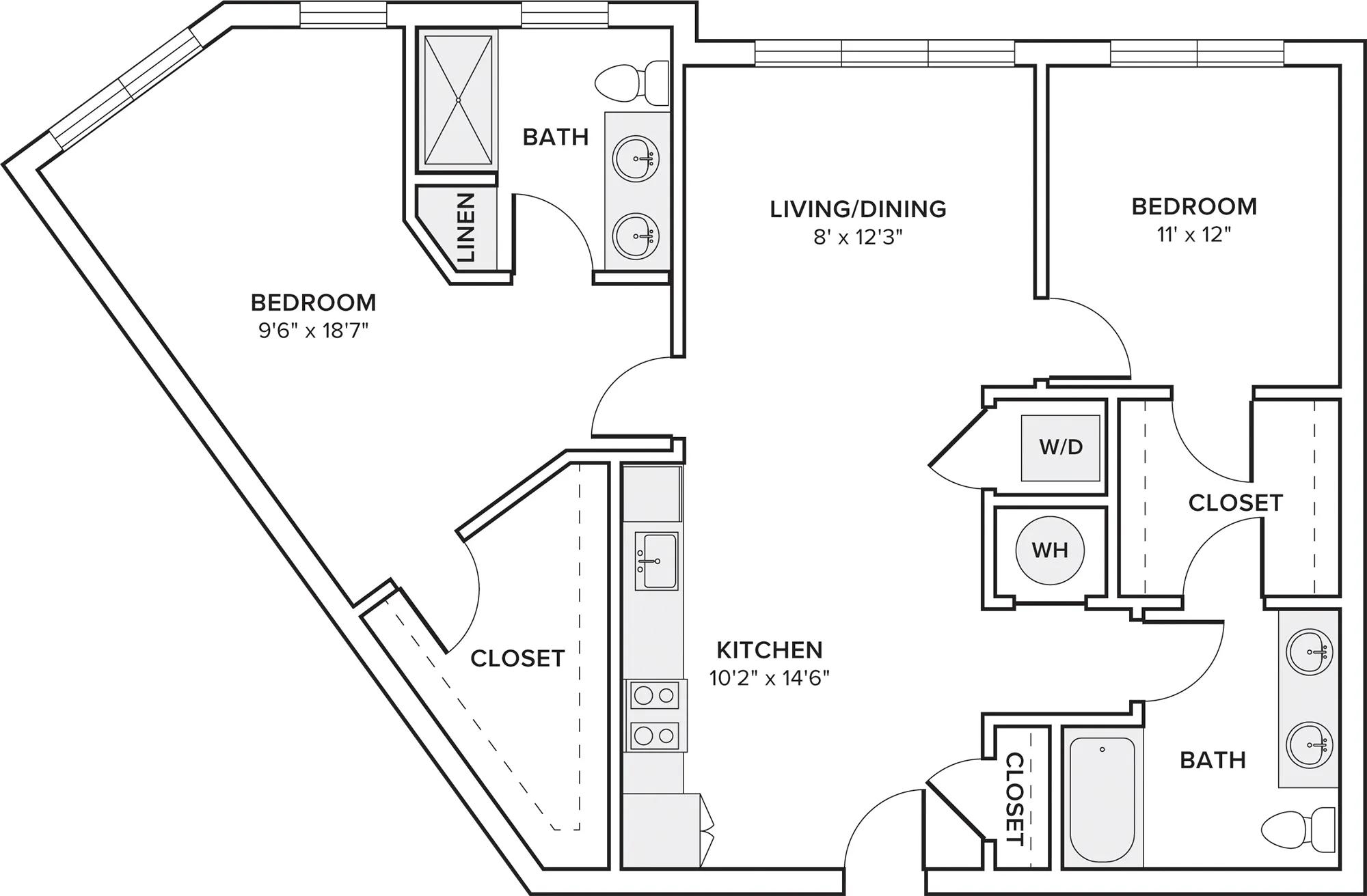 1114 square foot two bedroom two bathroom apartment floorplan image