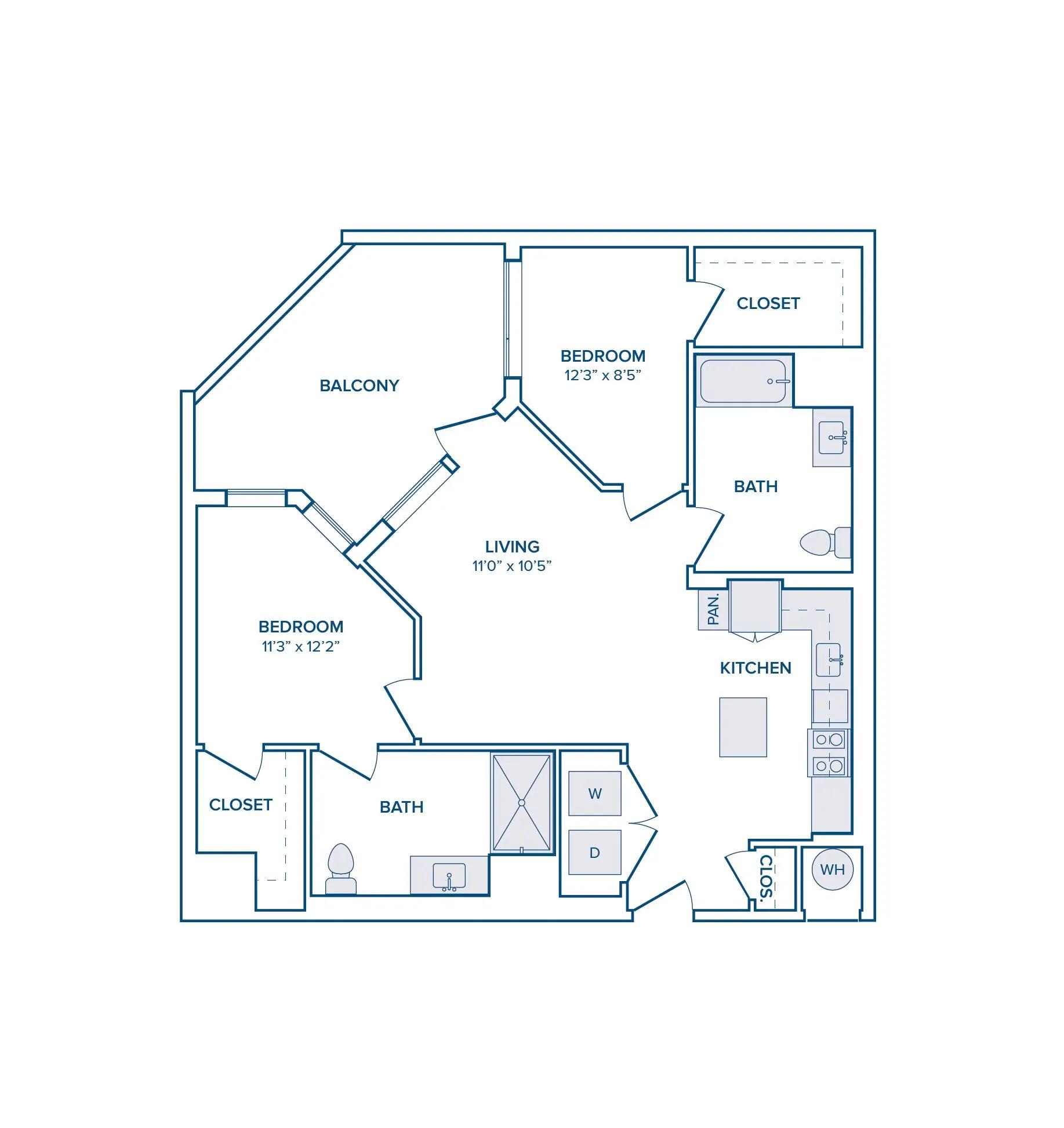 990 square foot two bedroom two bath apartment floor plan image