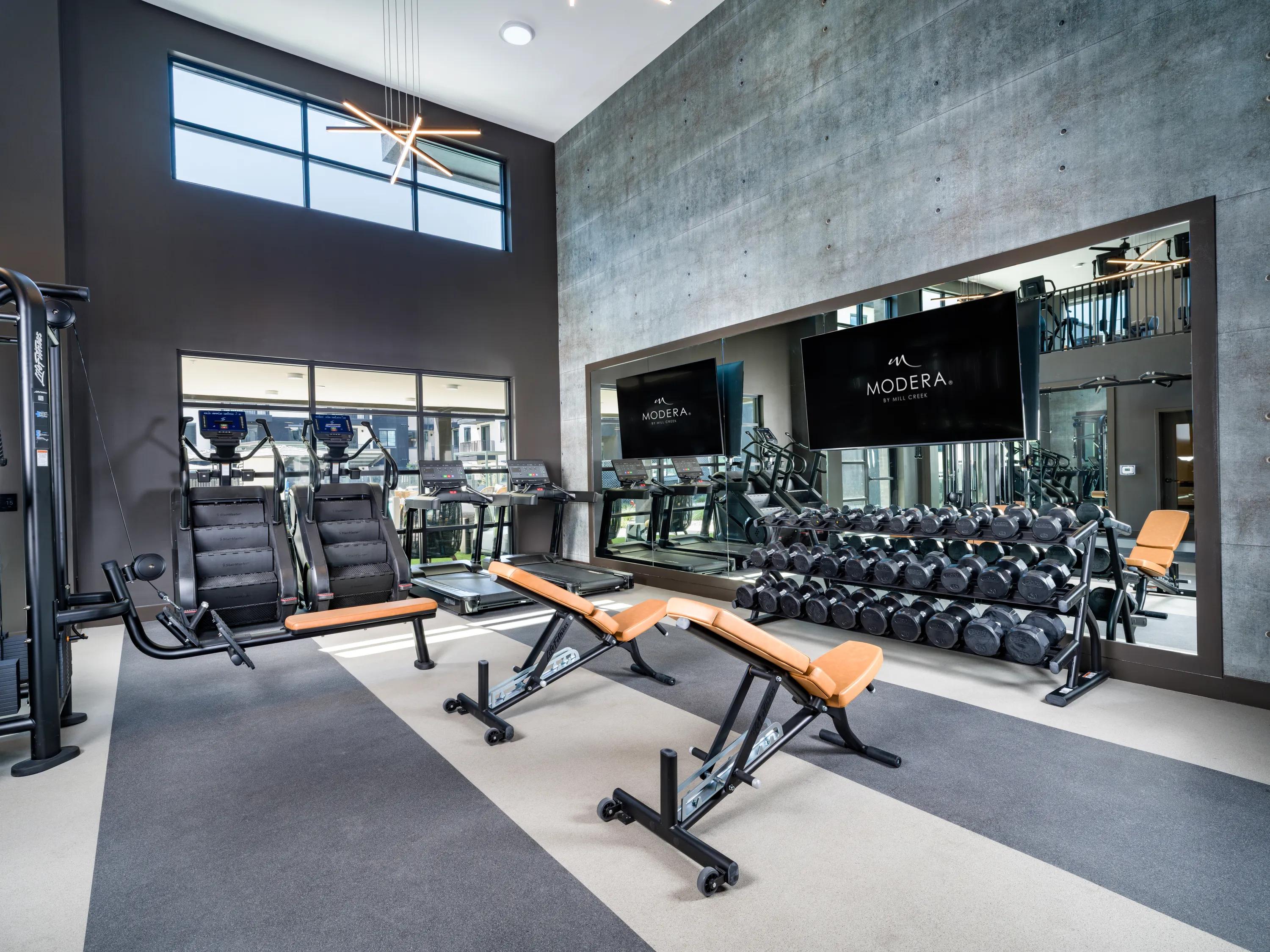 fitness center with cardio and free weights modera chandler apartment homes for rent chandler az