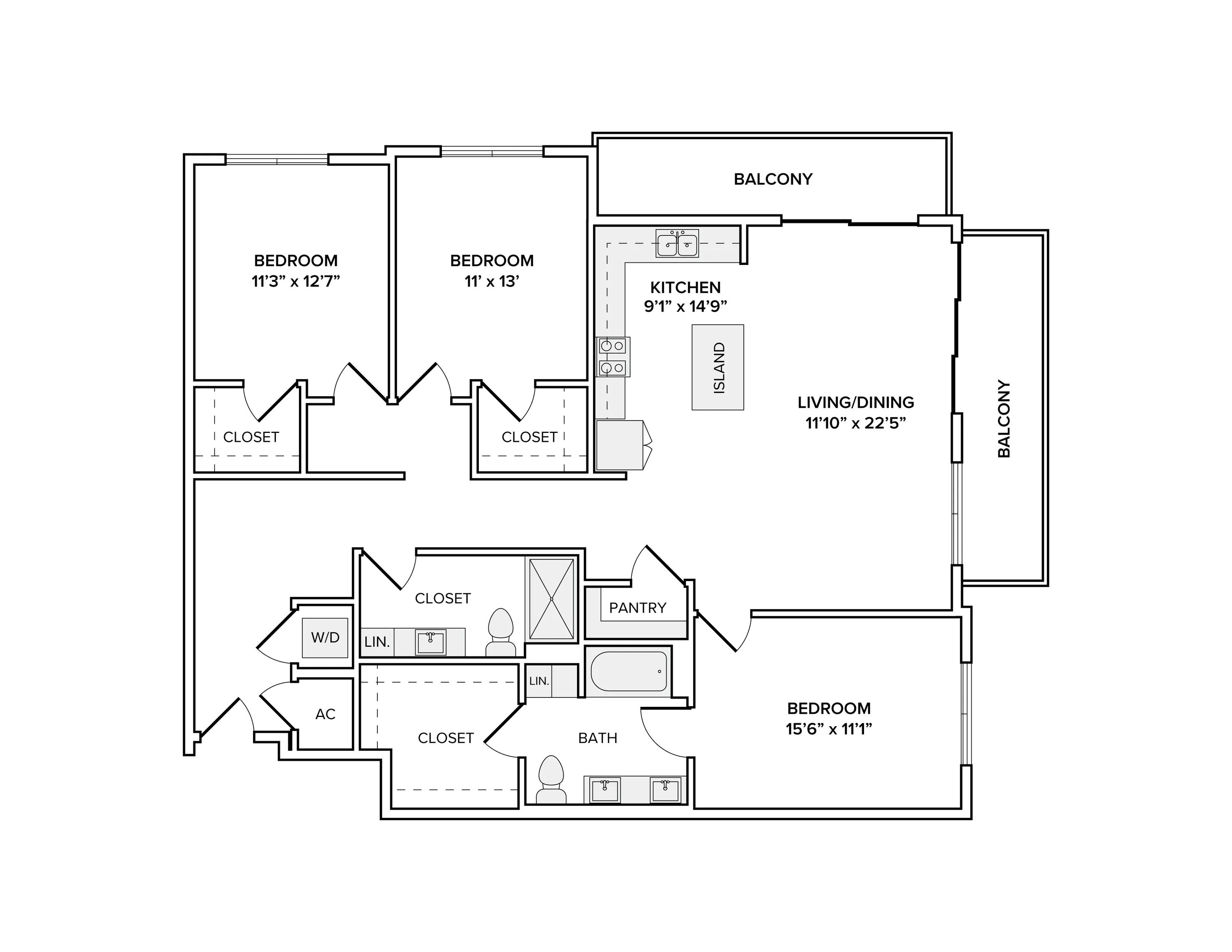 1638 square foot three bed two bath apartment floor plan in Scottsdale, AZ