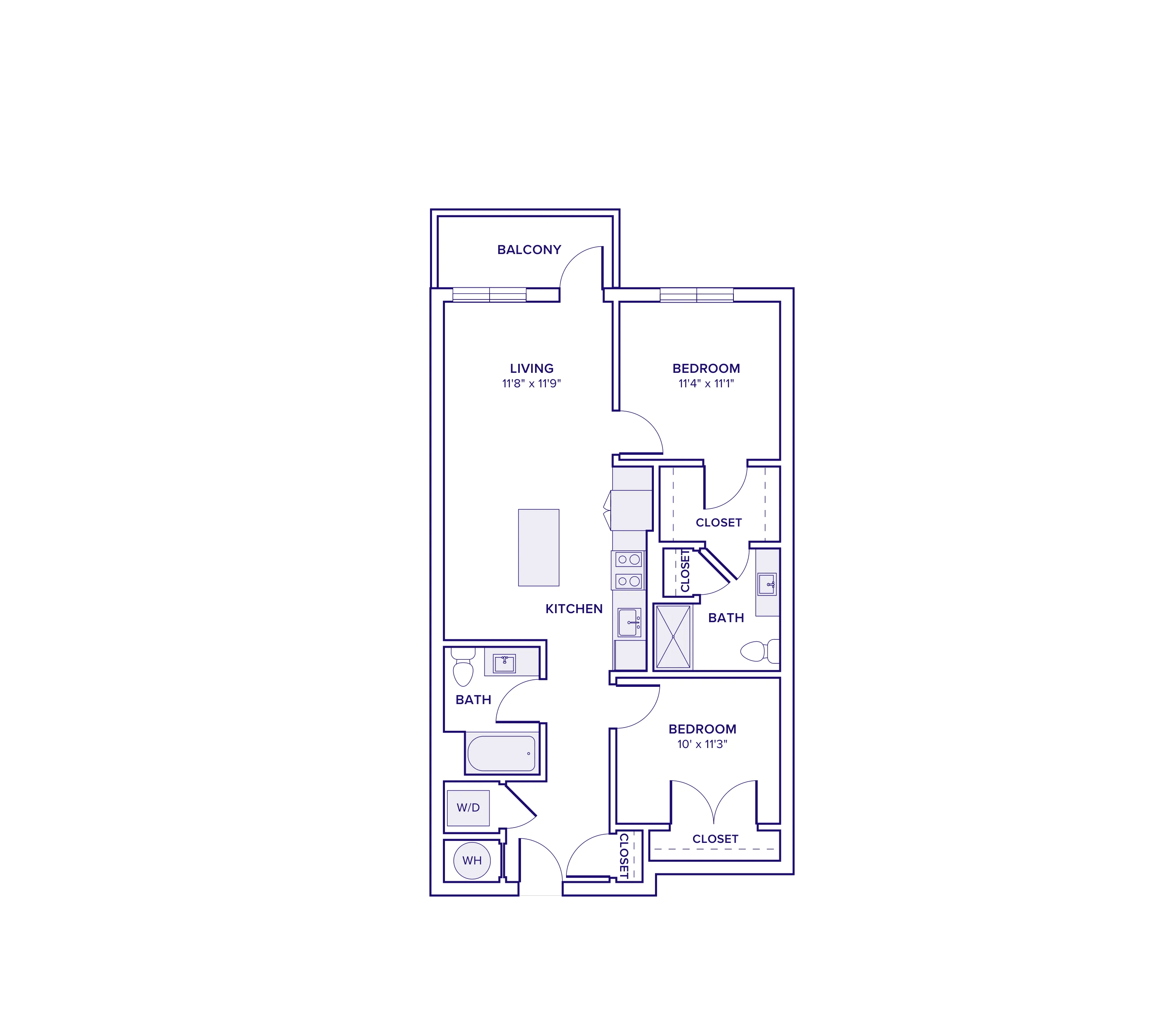 957 square foot one bed one bath apartment floor plan in Atlanta, GA