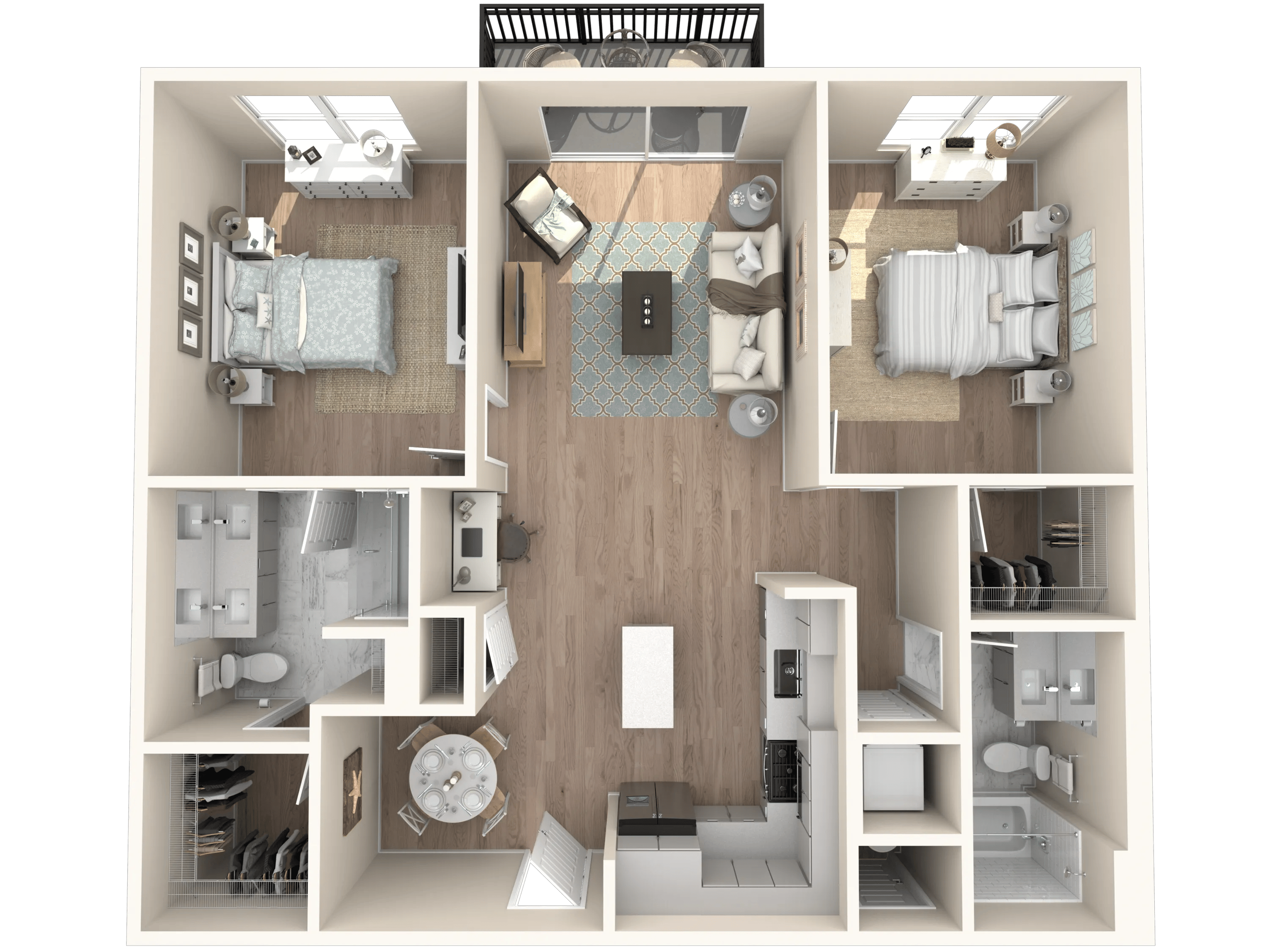 1186 square foot two bed two bath floor plan in Tampa, FL