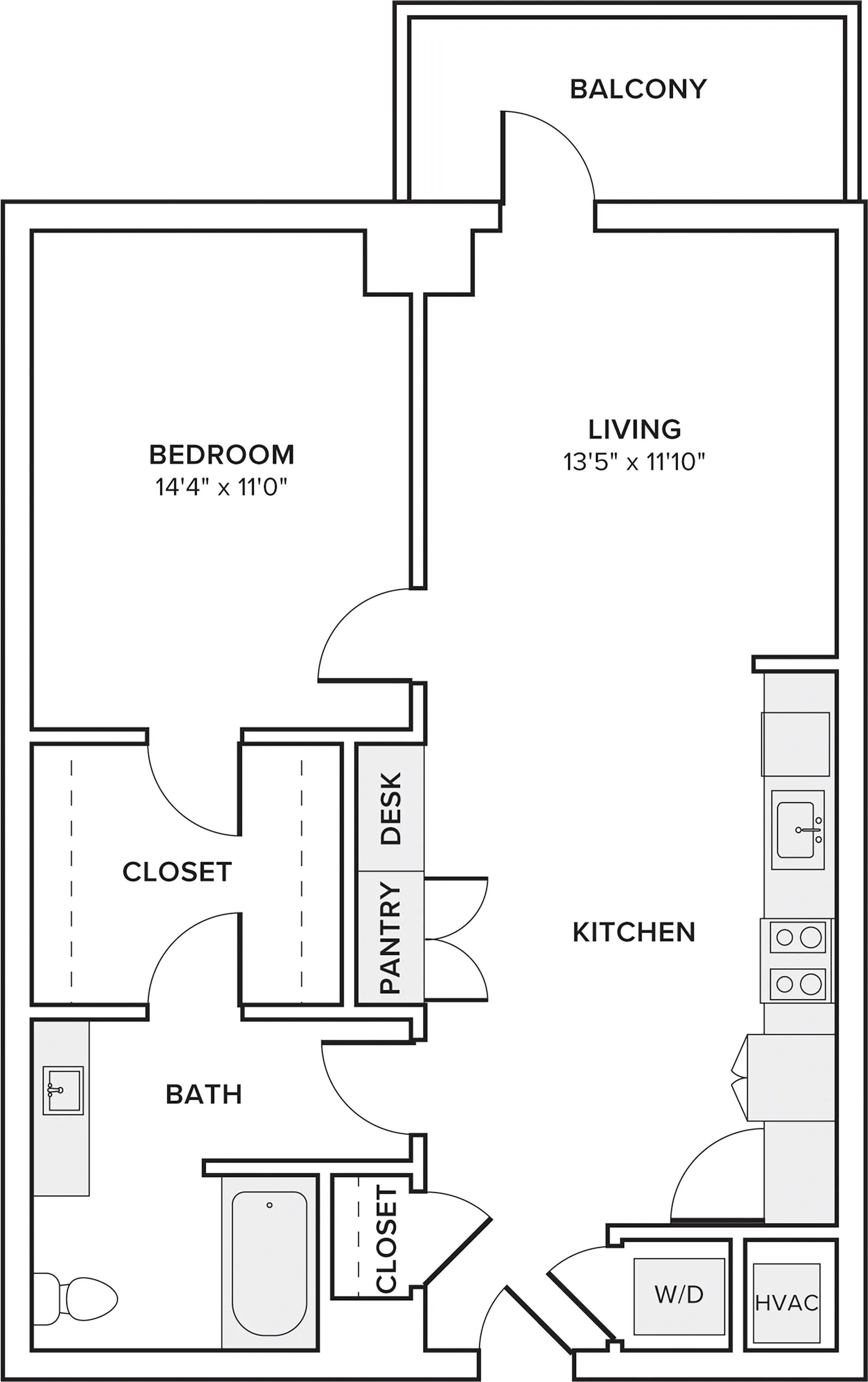 784 square foot one bedroom one bath apartment floor plan in Atlanta, GA