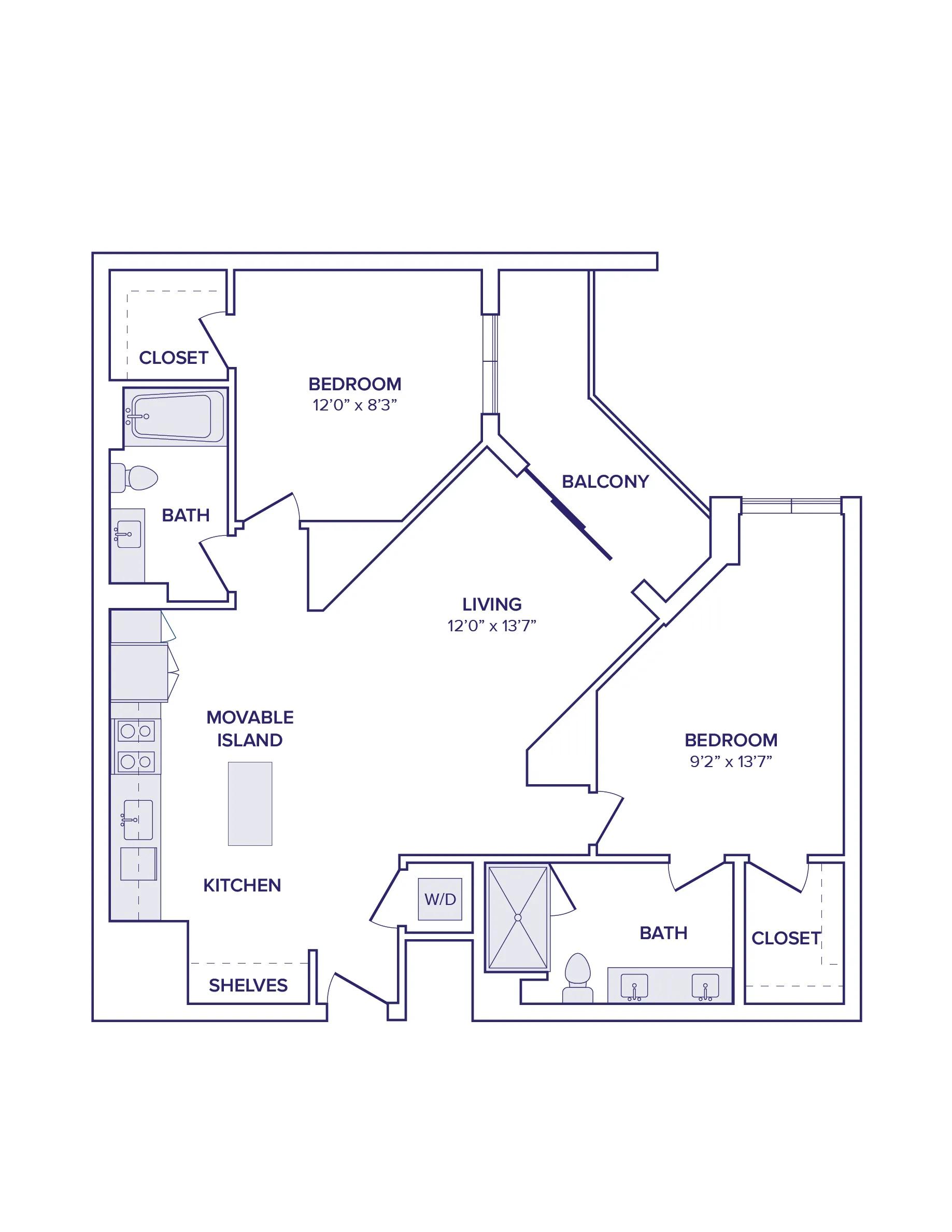 1144 square foot two bedroom two bath with den apartment floor plan image