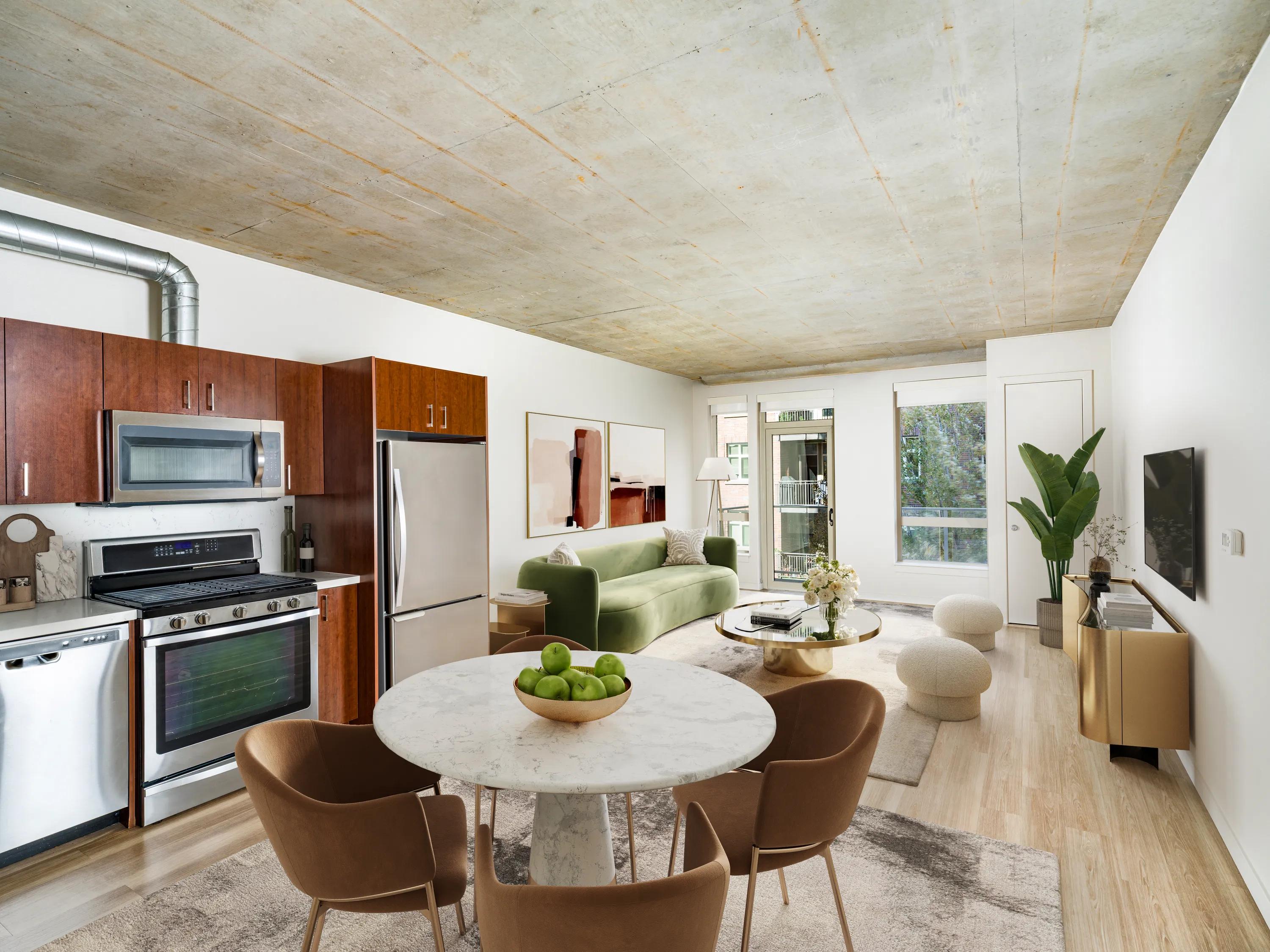 Spacious kitchen area with island modera pearl apartments in portland