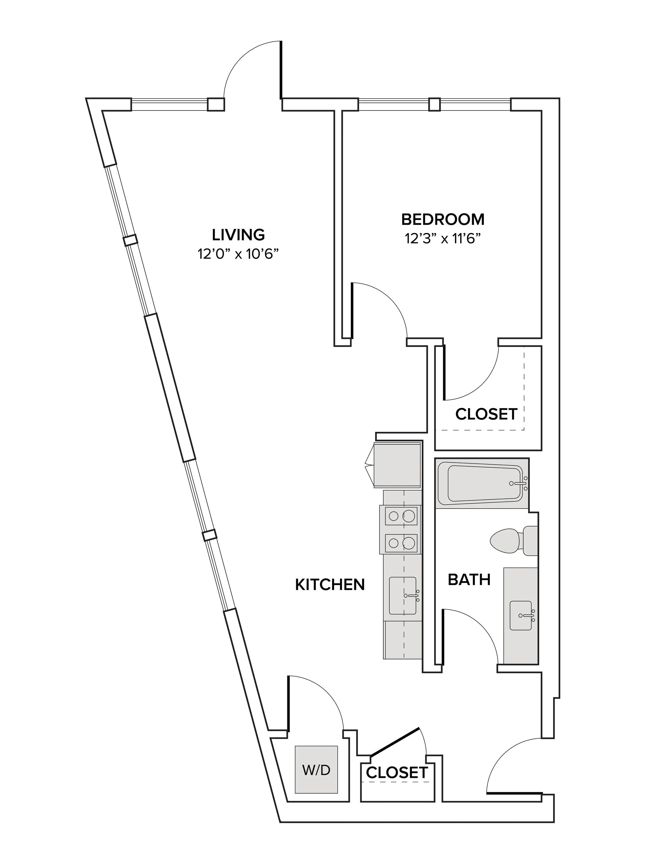 764 square foot one bedroom one bath apartment floor plan image