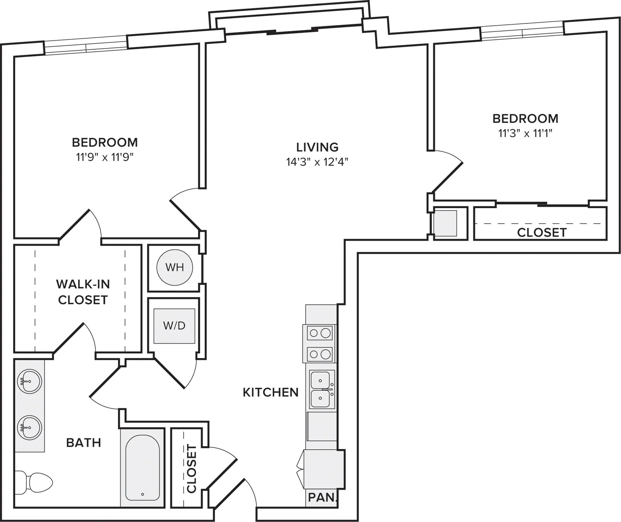 958 square foot two bedroom two bath apartment floorplan image