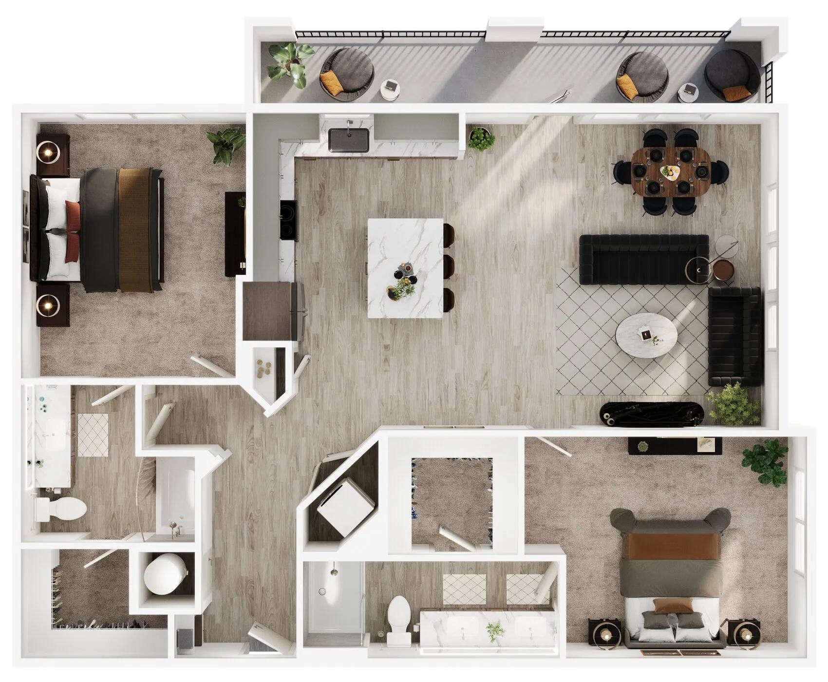 1393 square foot two bed two bath apartment floor plan image