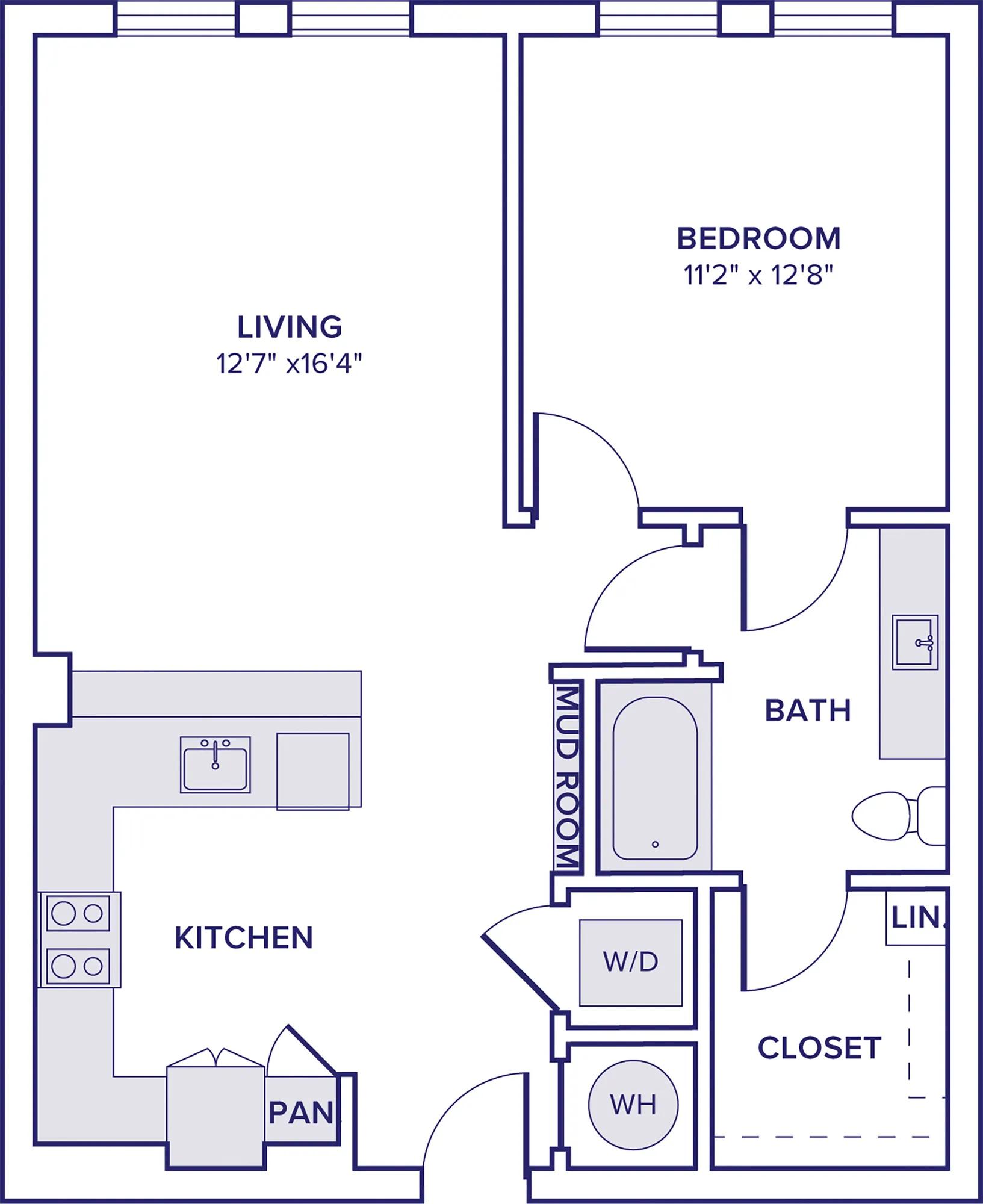 767 square foot one bed one bath apartment floor plan in McKinney, TX