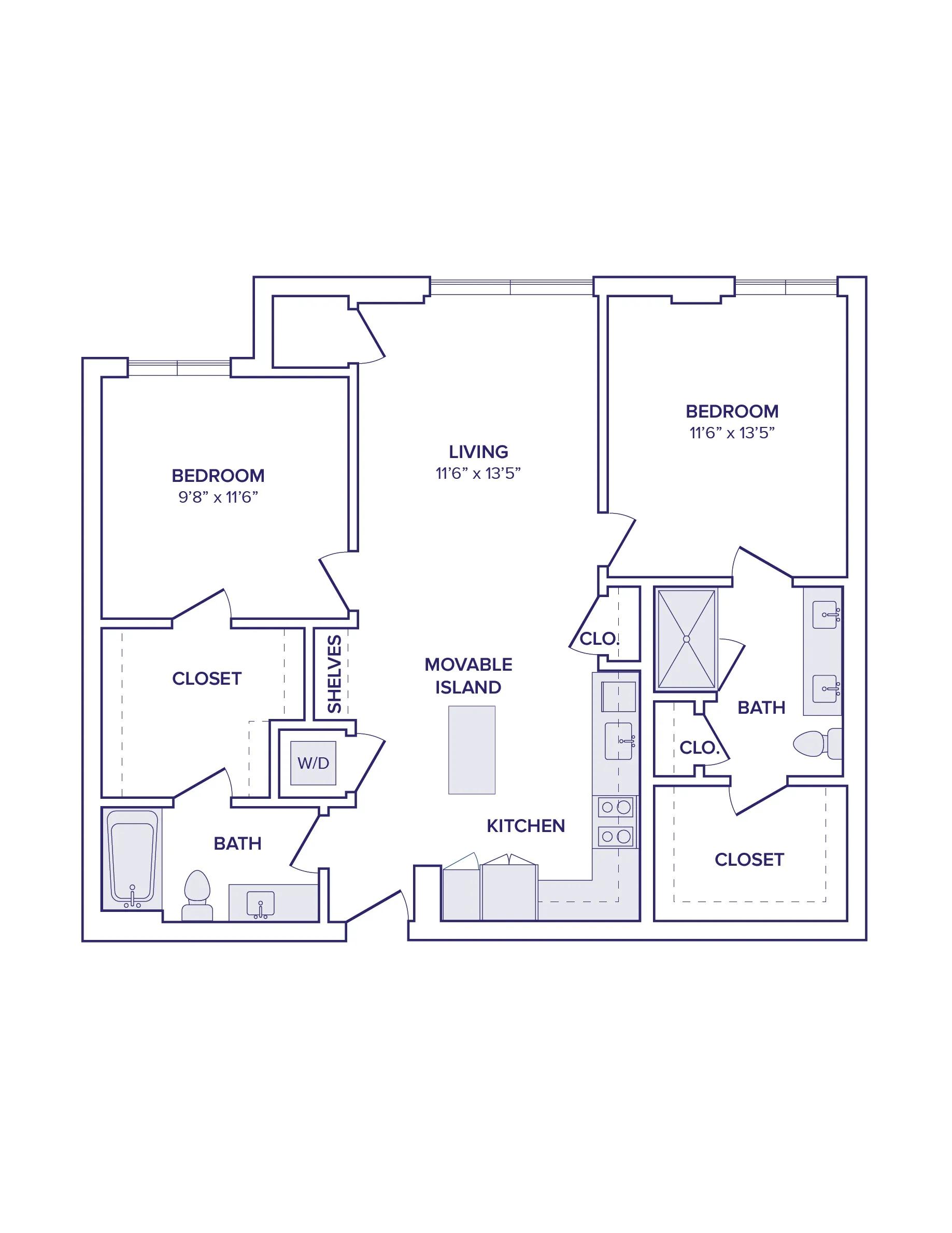 1120 square foot two bedroom two bath apartment floor plan image