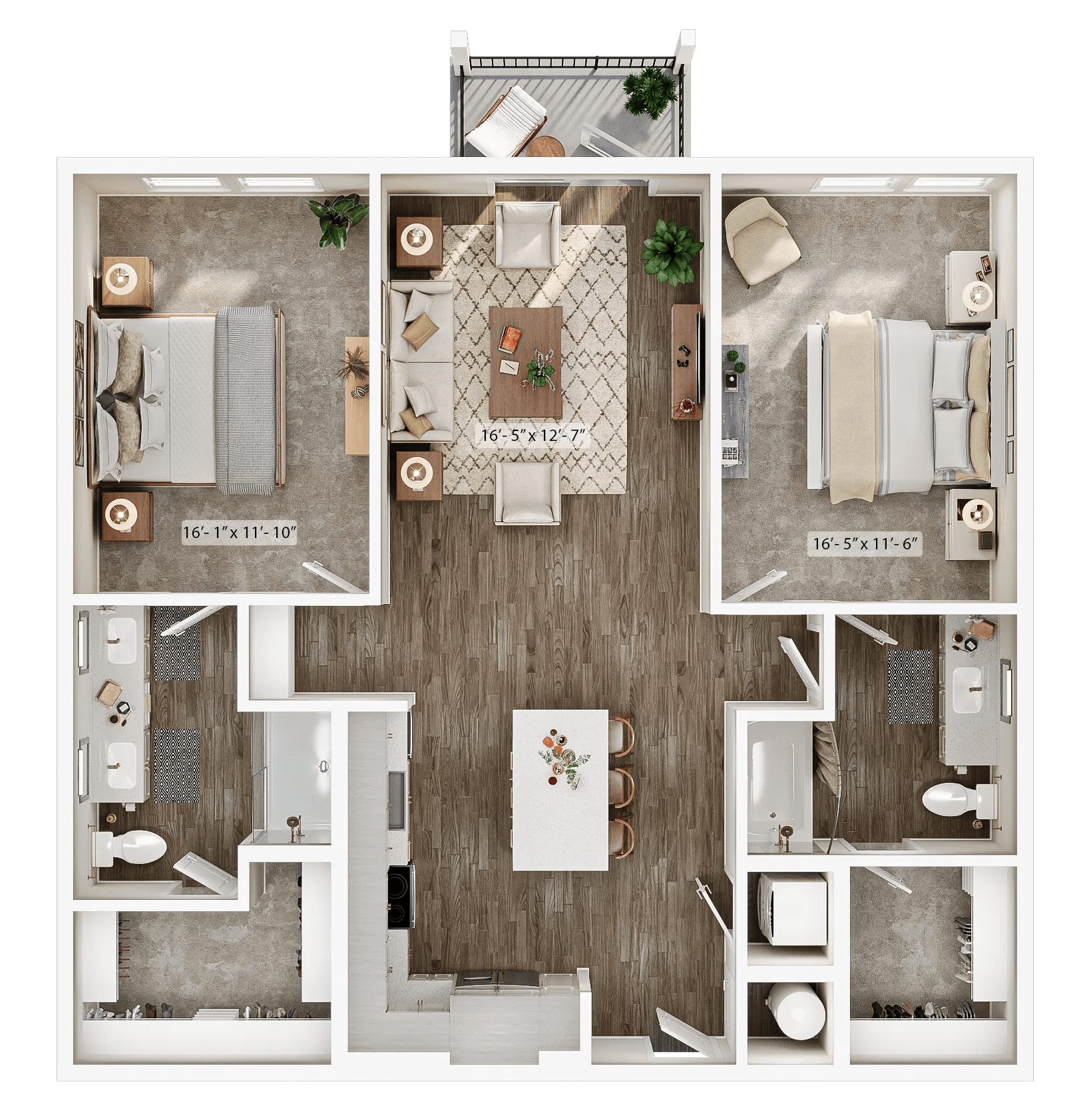 1224 square foot two bed two bath apartment floor plan image
