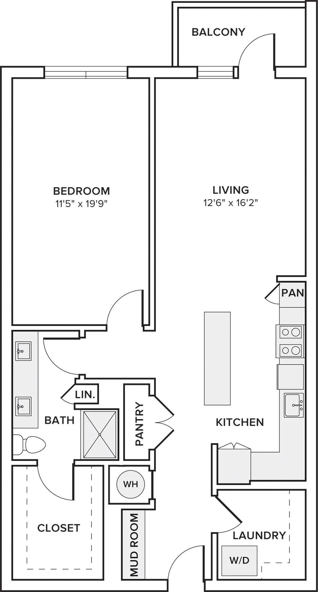 964 square foot one bed one bath apartment floor plan in Dallas, TX