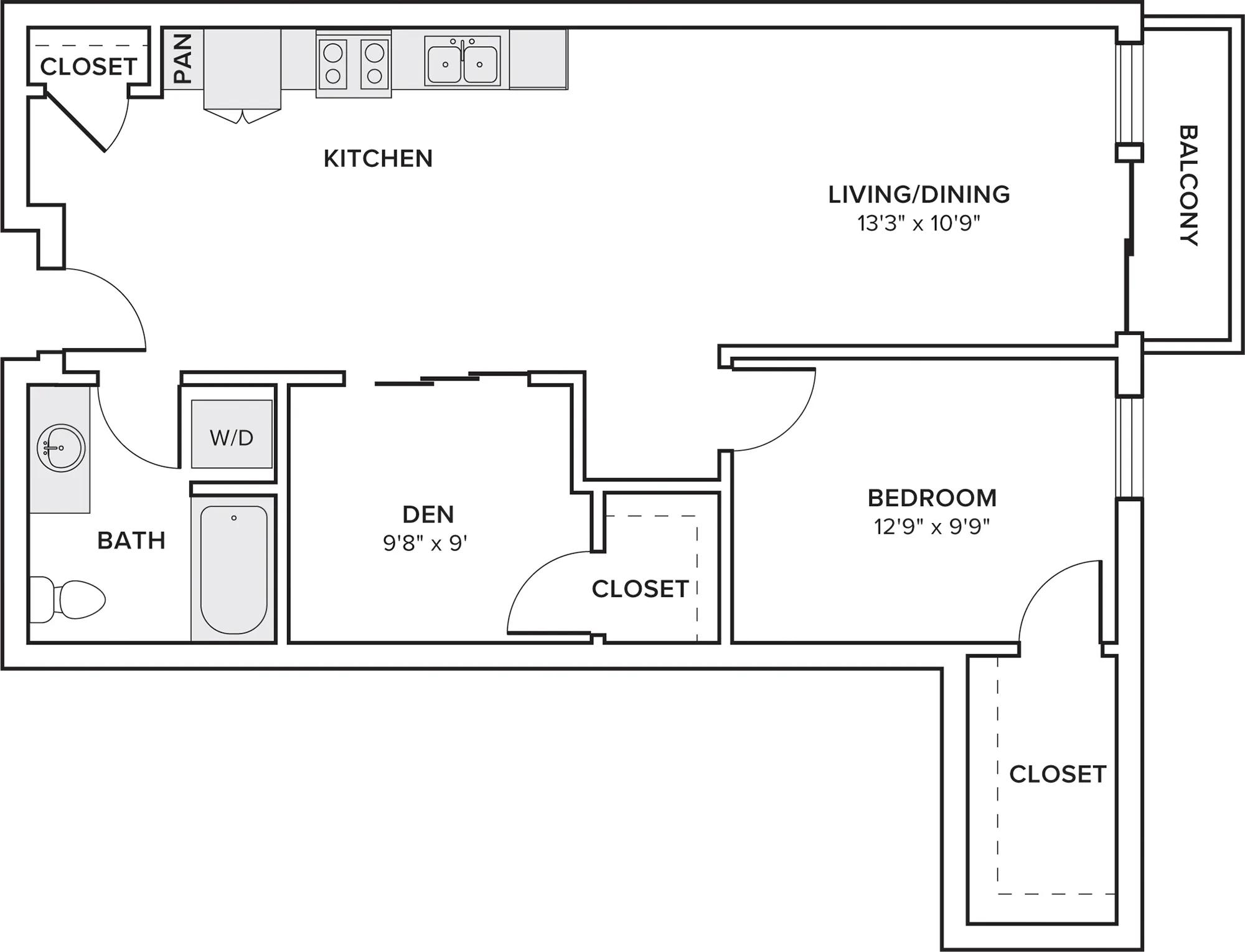 930 square foot one bedroom one bathroom den floorplan image