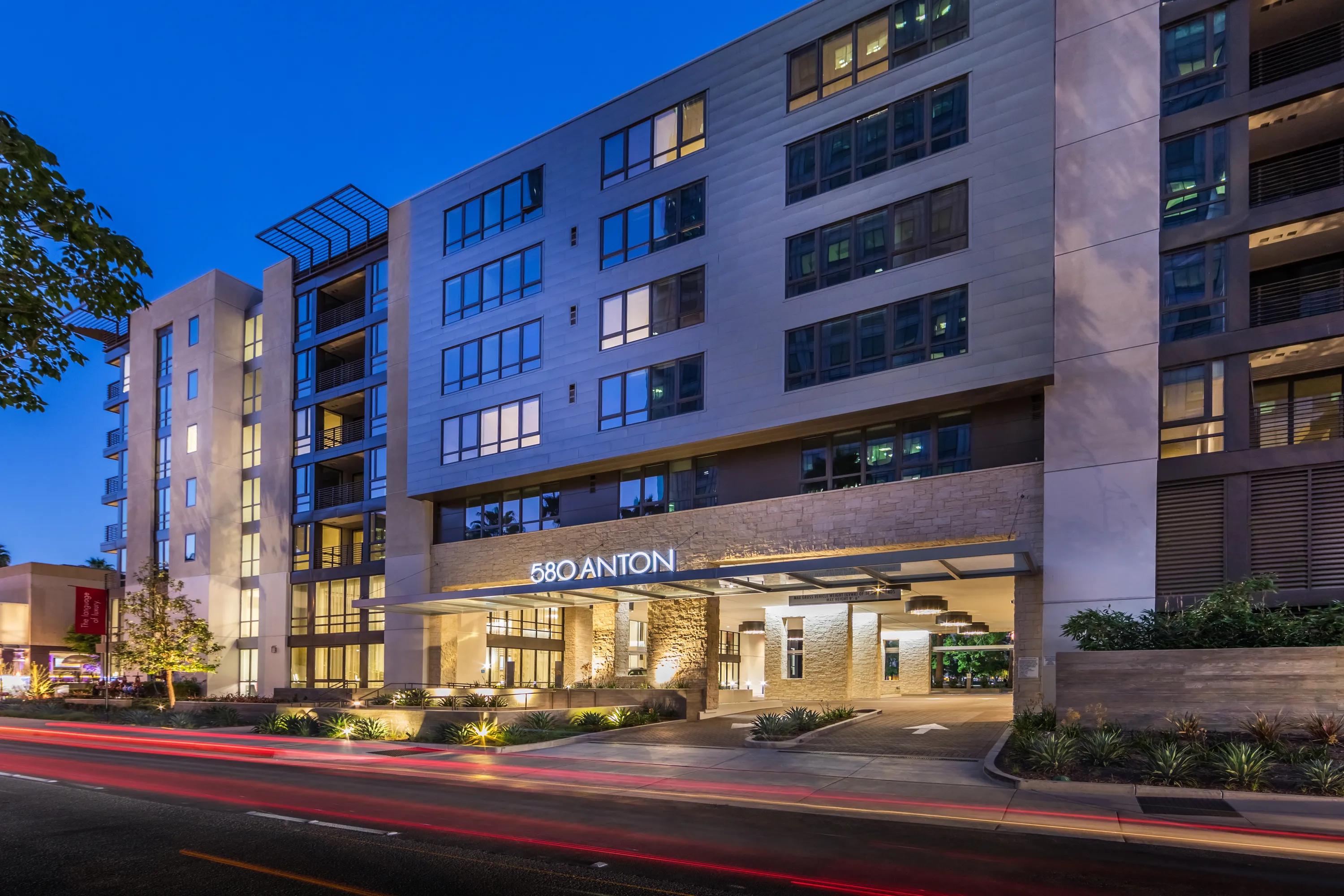 evening photo of 580 anton apartments for rent in costa mesa ca