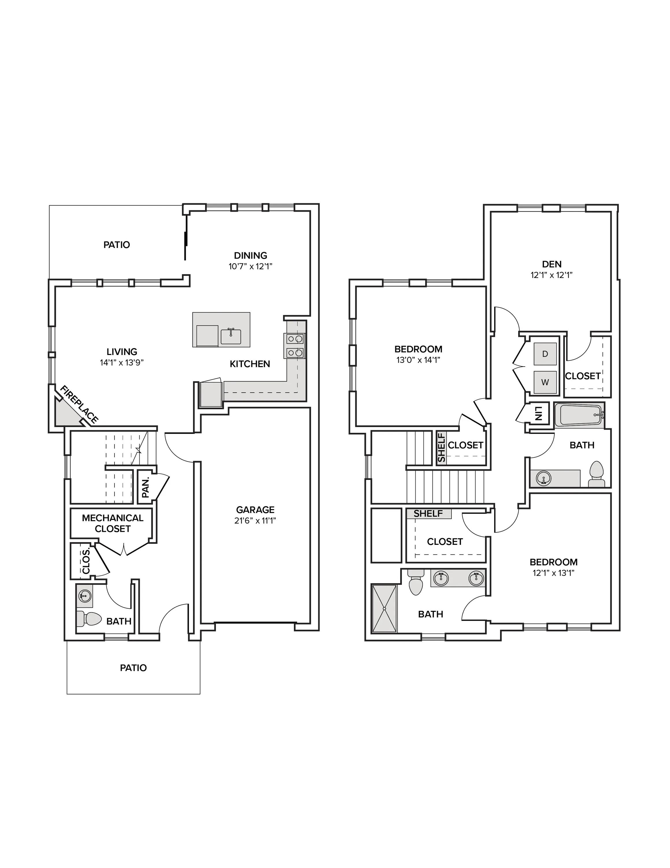 1650 square foot two bed three bath townhome floor plan image