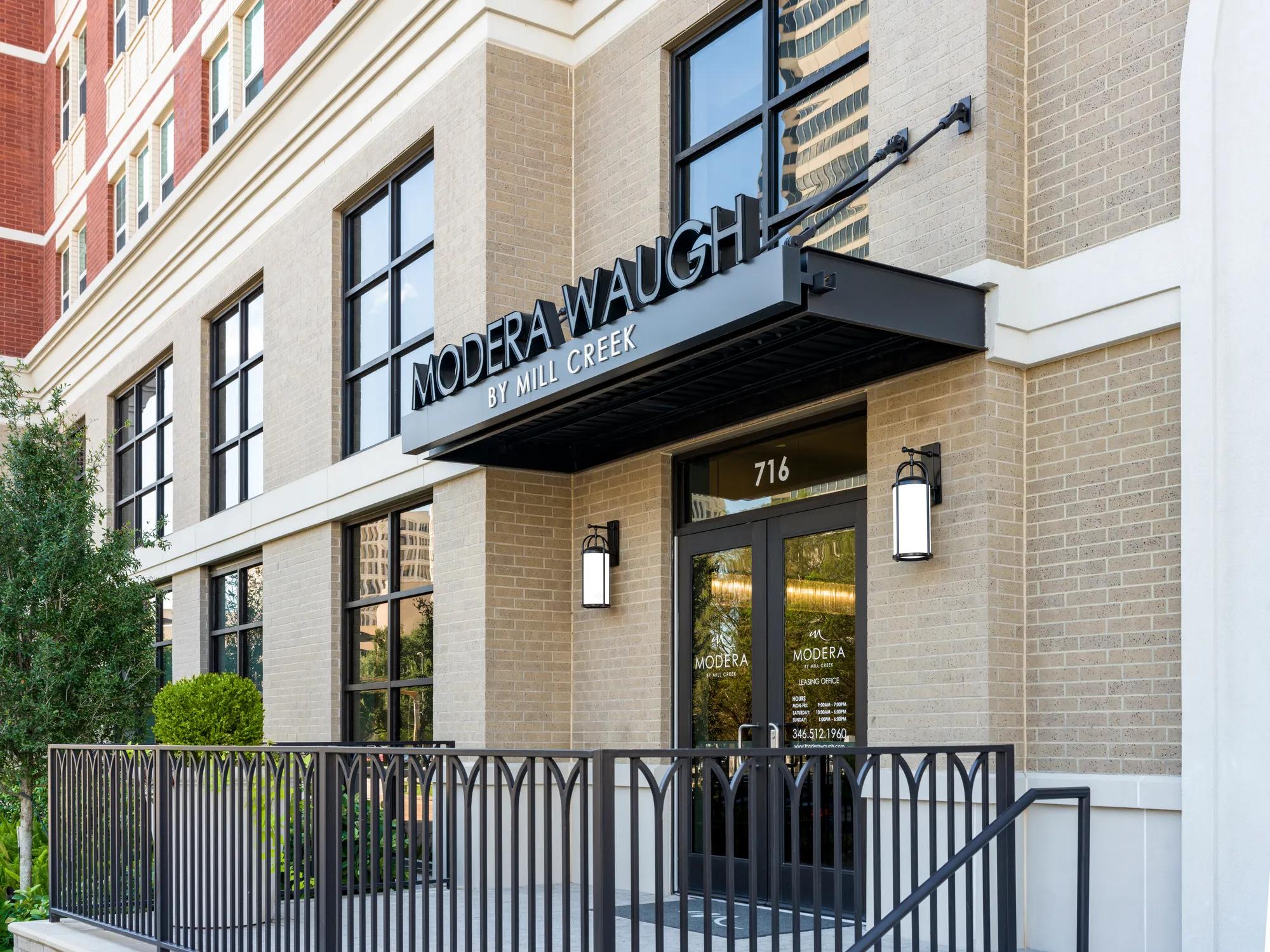Entrance to leasing office at Modera Waugh apartments Houston TX