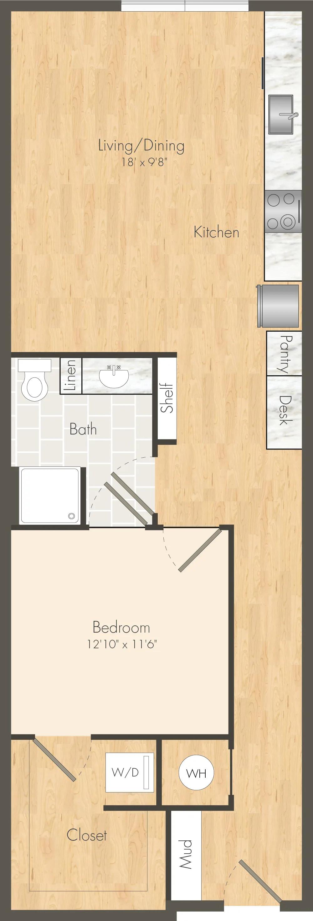 846 square foot one bedroom one bath apartment floor plan in Dallas, TX