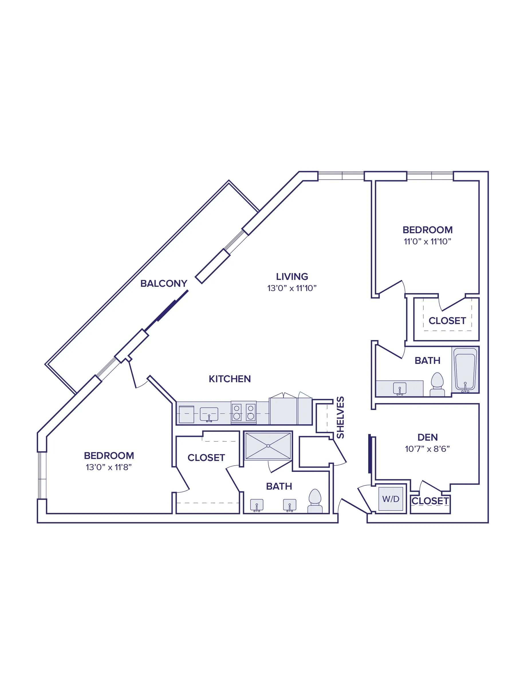 1335 square foot two bedroom two bath with den apartment floor plan image