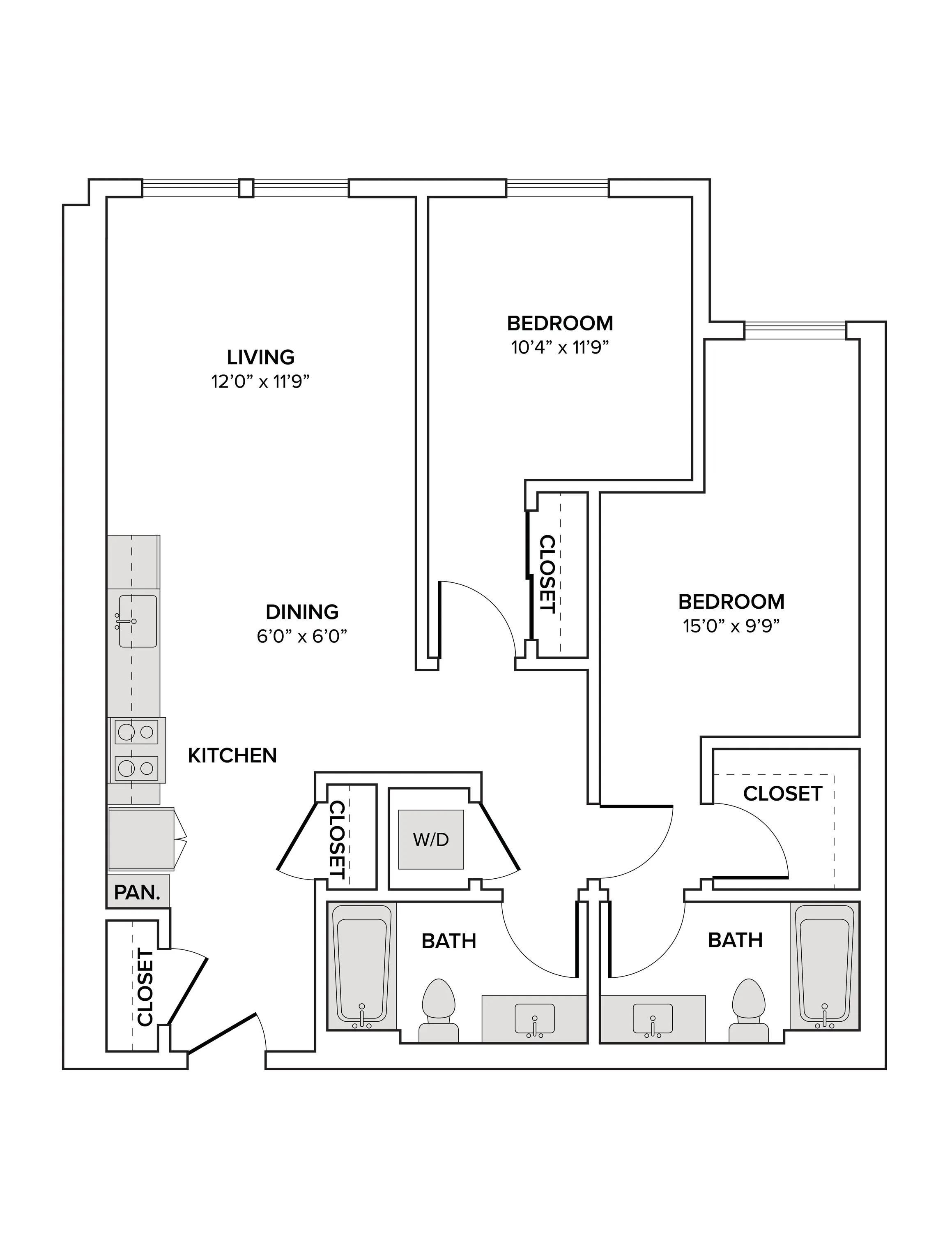1001 square foot two bedroom two bath apartment floor plan image
