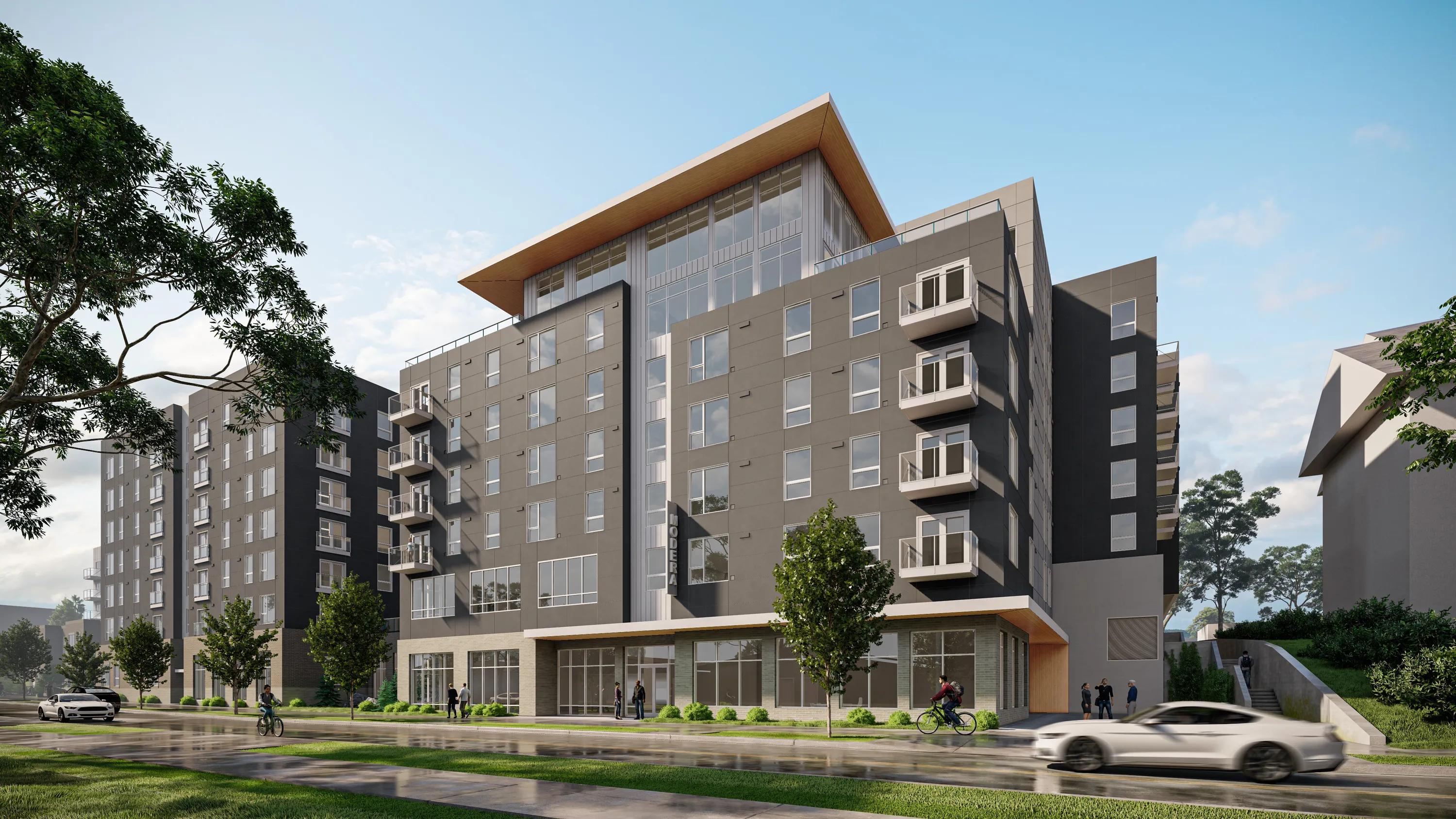 exterior building at street level view on sunny day modera shoreline apartment homes for rent in wa