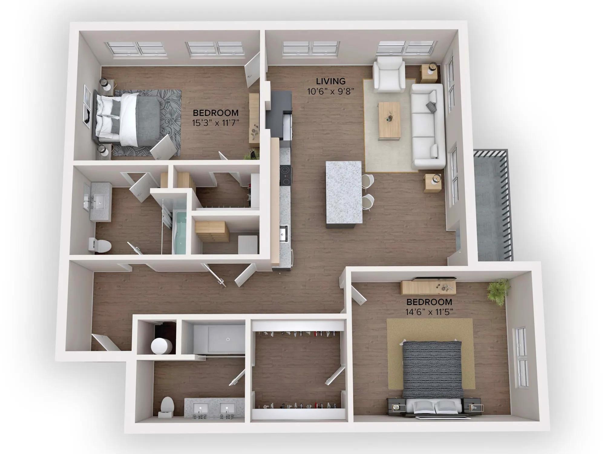 1177 square foot two bedroom two bath apartment floor plan in Denver, CO