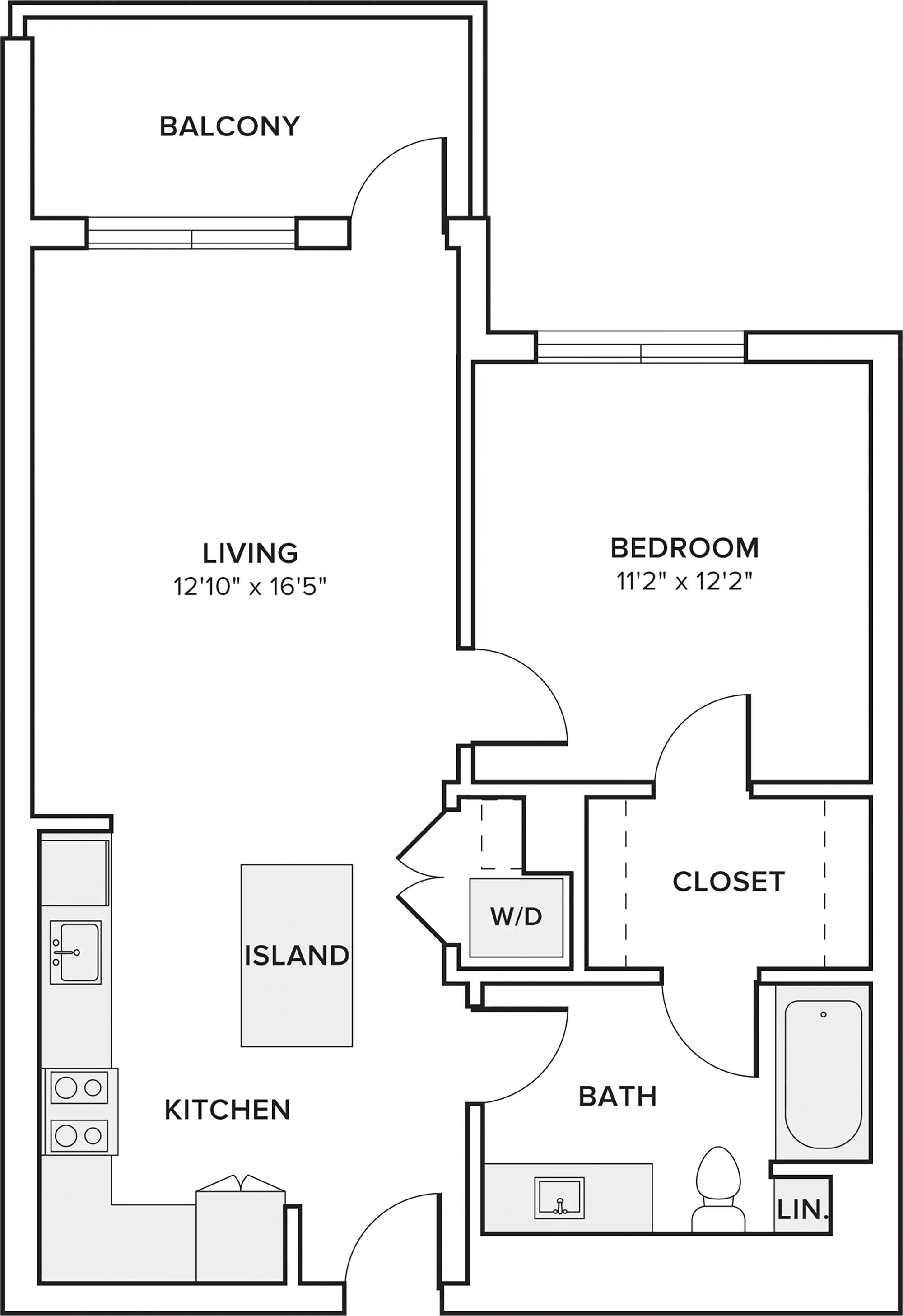 694-771 square foot one bedroom one bath apartment floor plan in Pomona, CA