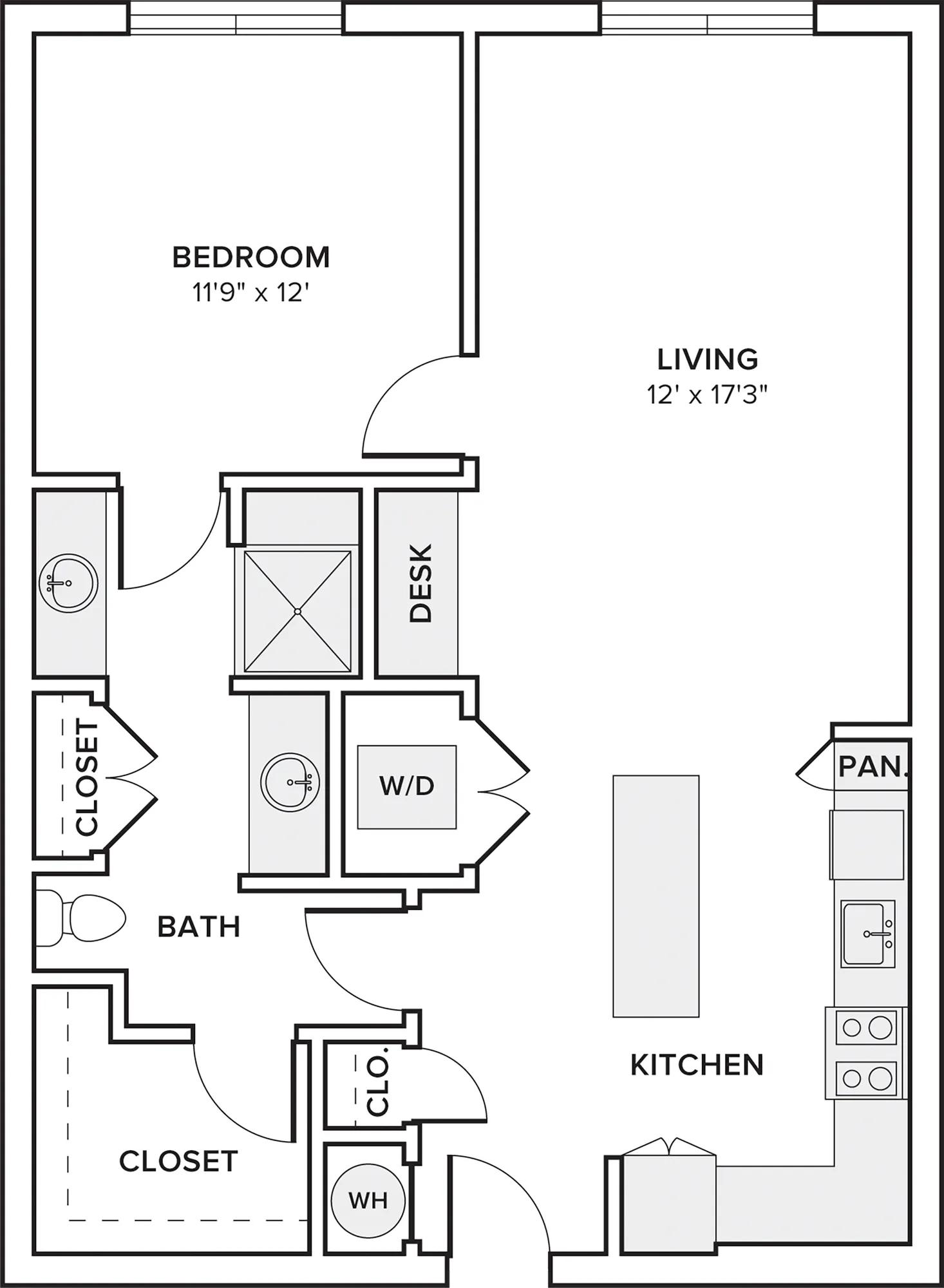 850 square foot one bedroom one bath apartment floor plan in Austin, TX
