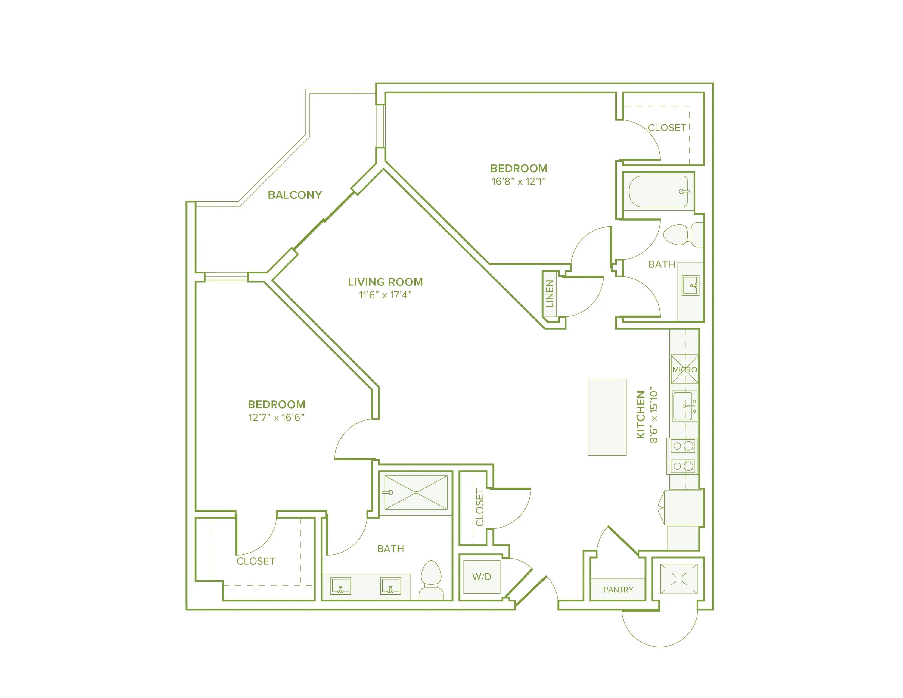 1153 square foot two bed two bath floor plan in Falls Church, VA