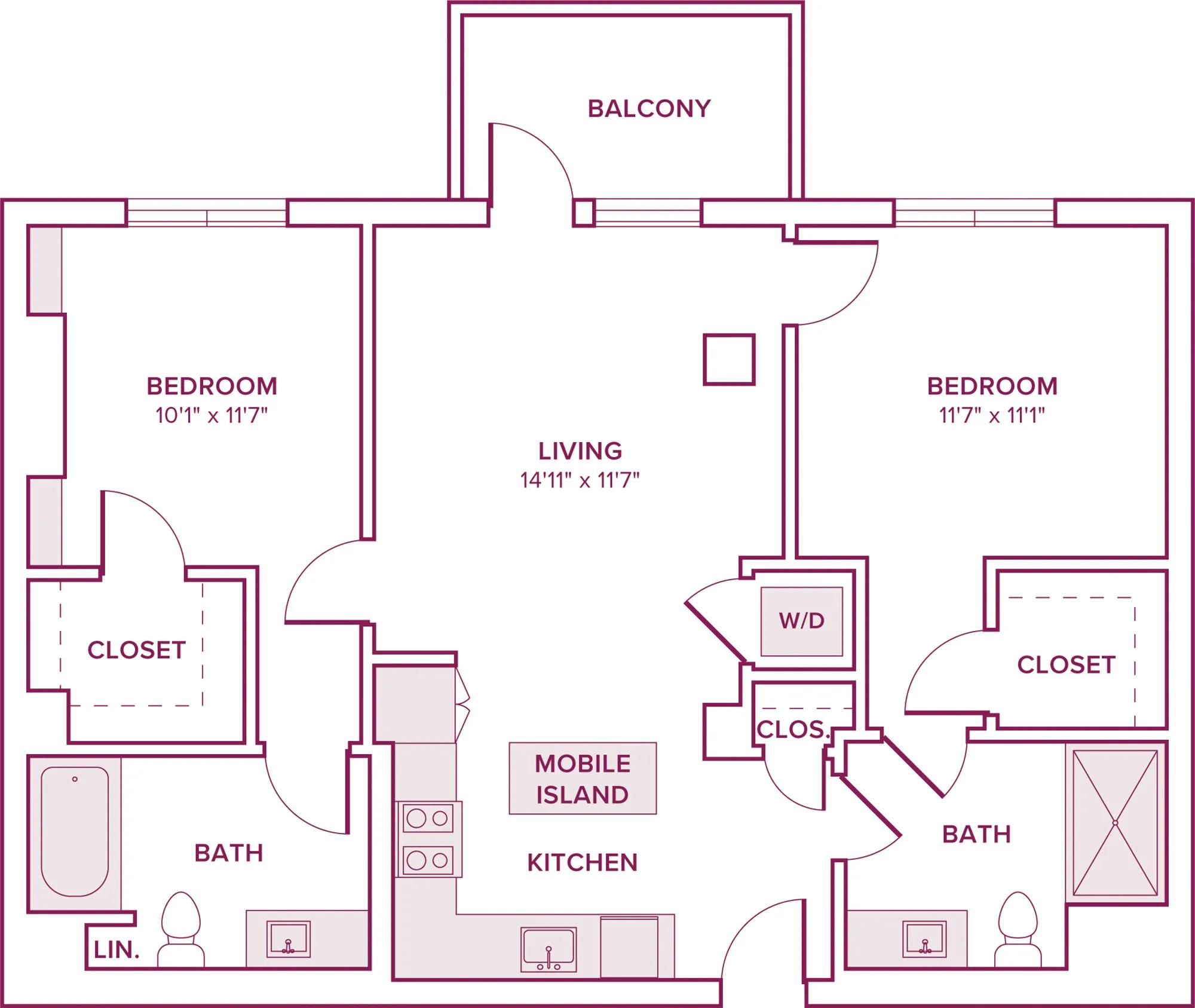 968 square foot two bed two bath floor plan in Argyle, CA