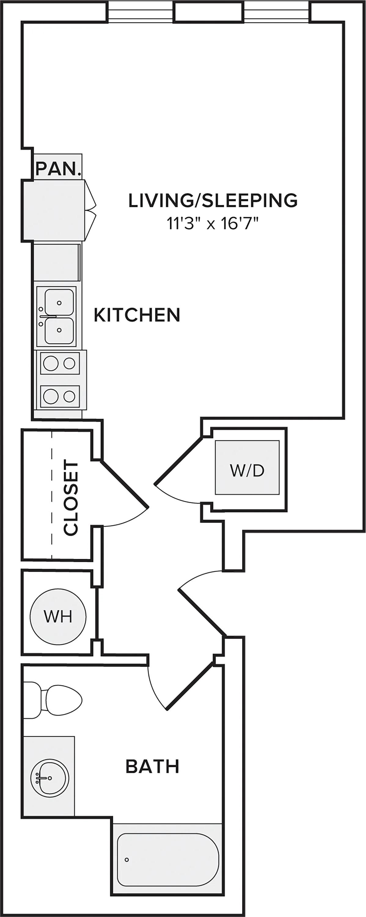 450 square foot studio one bath apartment floorplan image