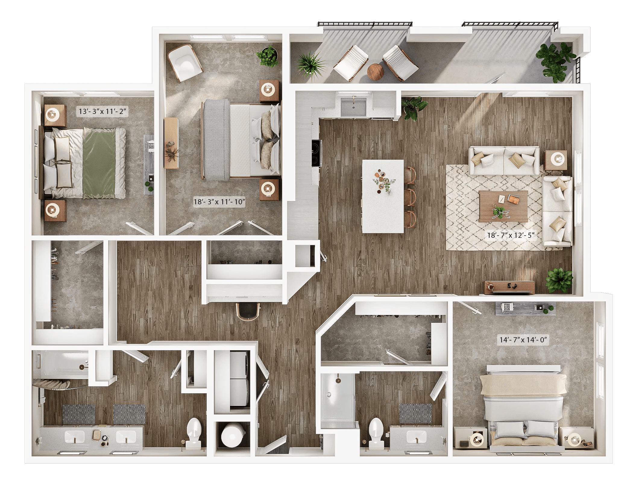 1732 square foot three bed two bath apartment floor plan image