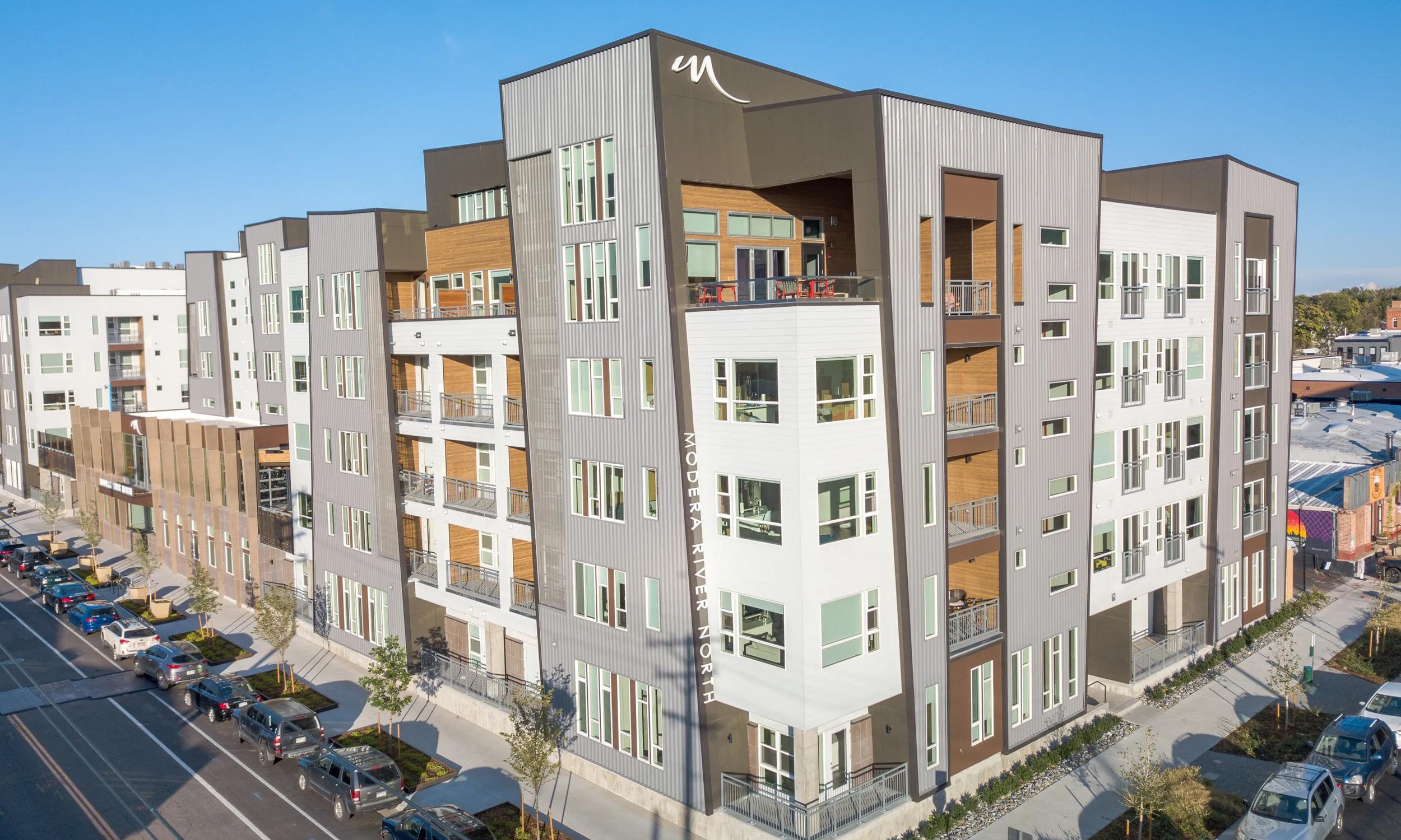 exterior arial view modera river north apartments in denver co