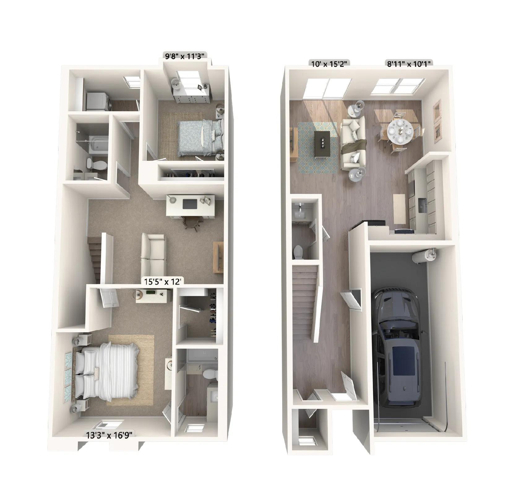 1452 square foot two bedroom two and a half bath with loft townhome floor plan in Phoenix, Arizona