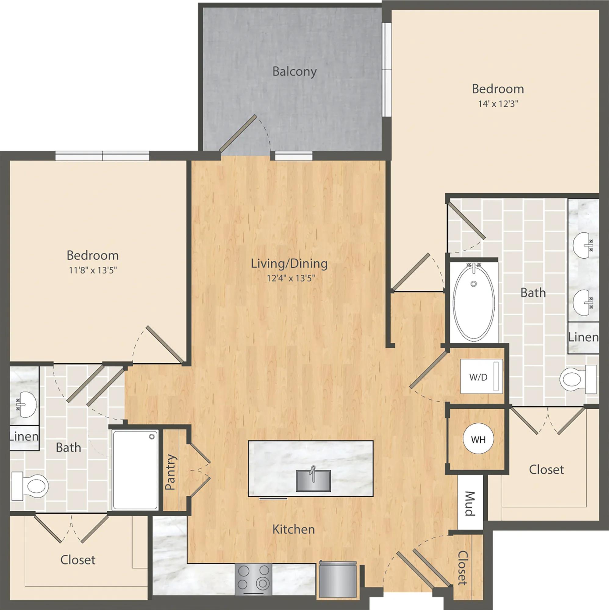 1179 square foot two bedroom two bath apartment floor plan in Dallas, TX