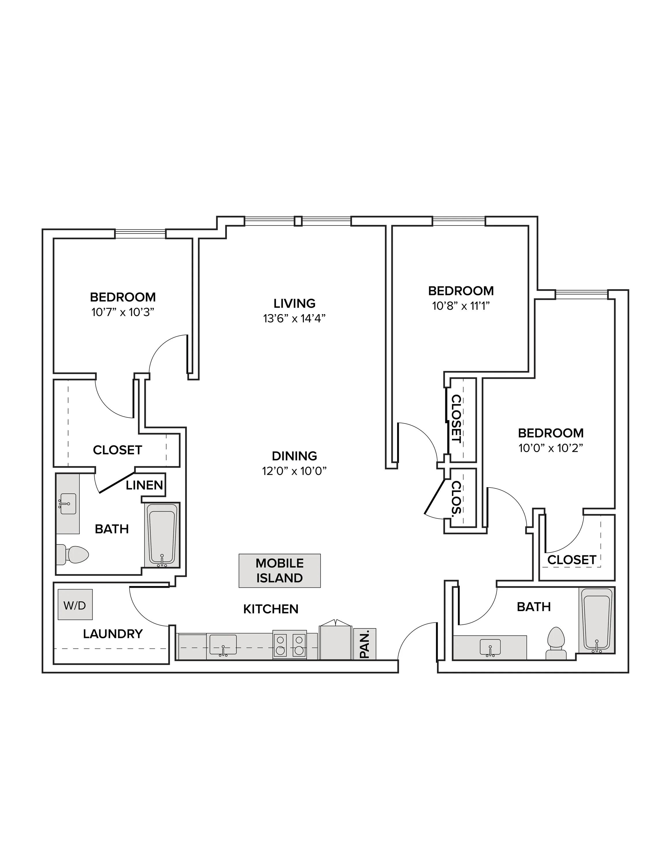 1423 square foot three bedroom two bath apartment floor plan image