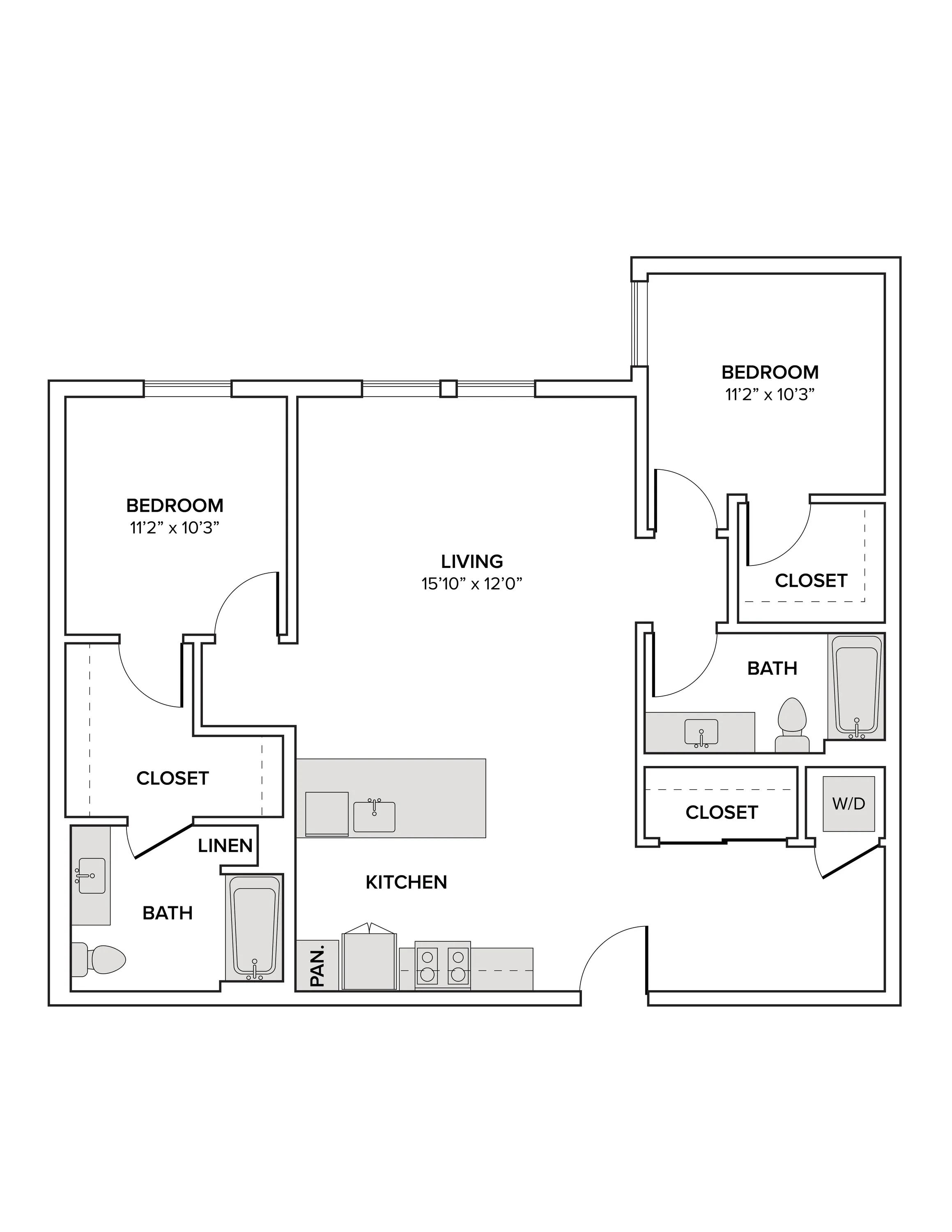 1185 square foot two bedroom two bath with a den apartment floor plan image