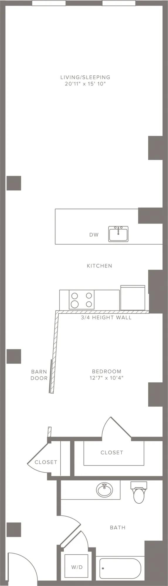 965 square foot one bedroom one bath apartment floorplan image