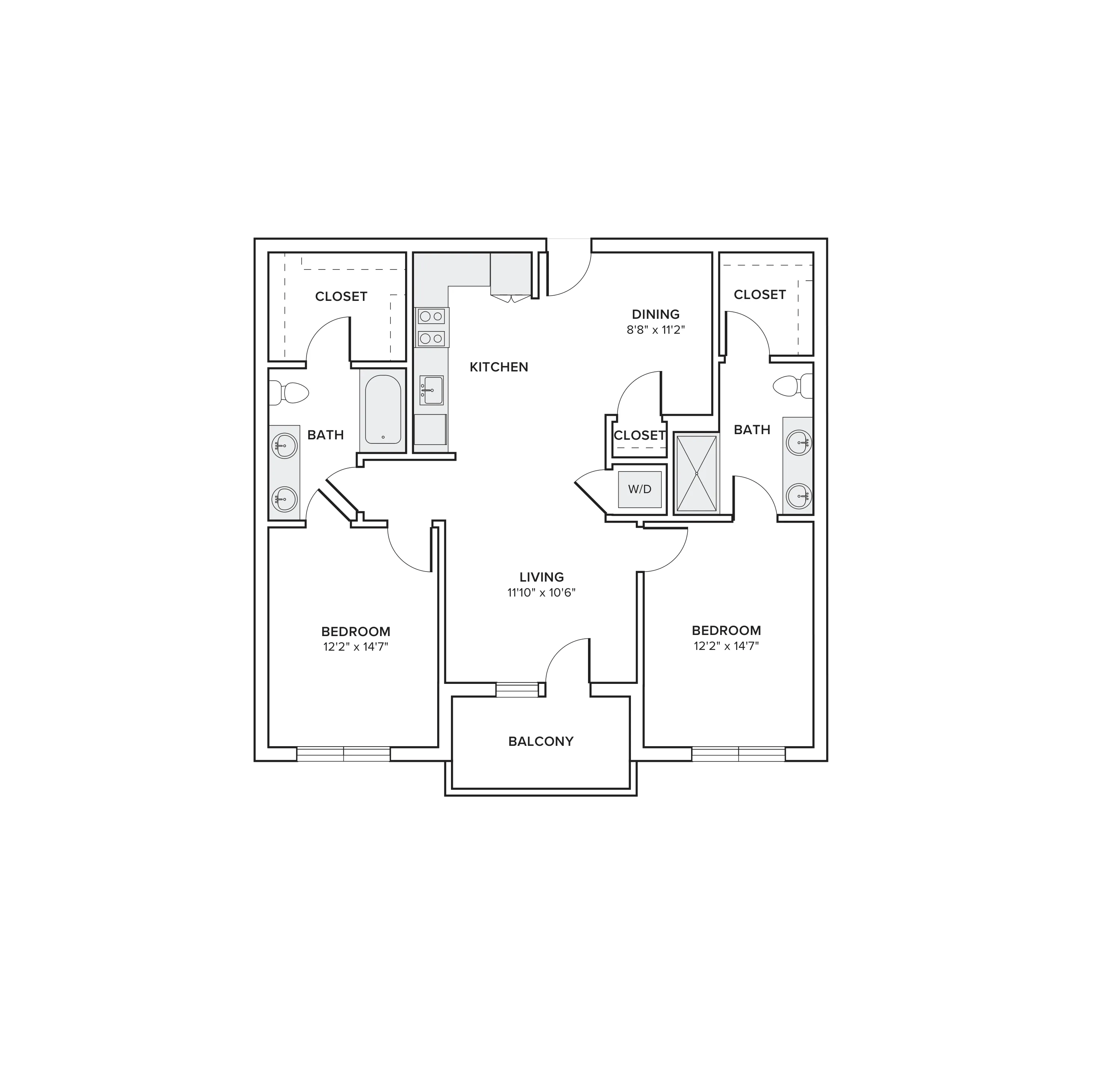1110 square foot two bed two bath apartment floor plan image