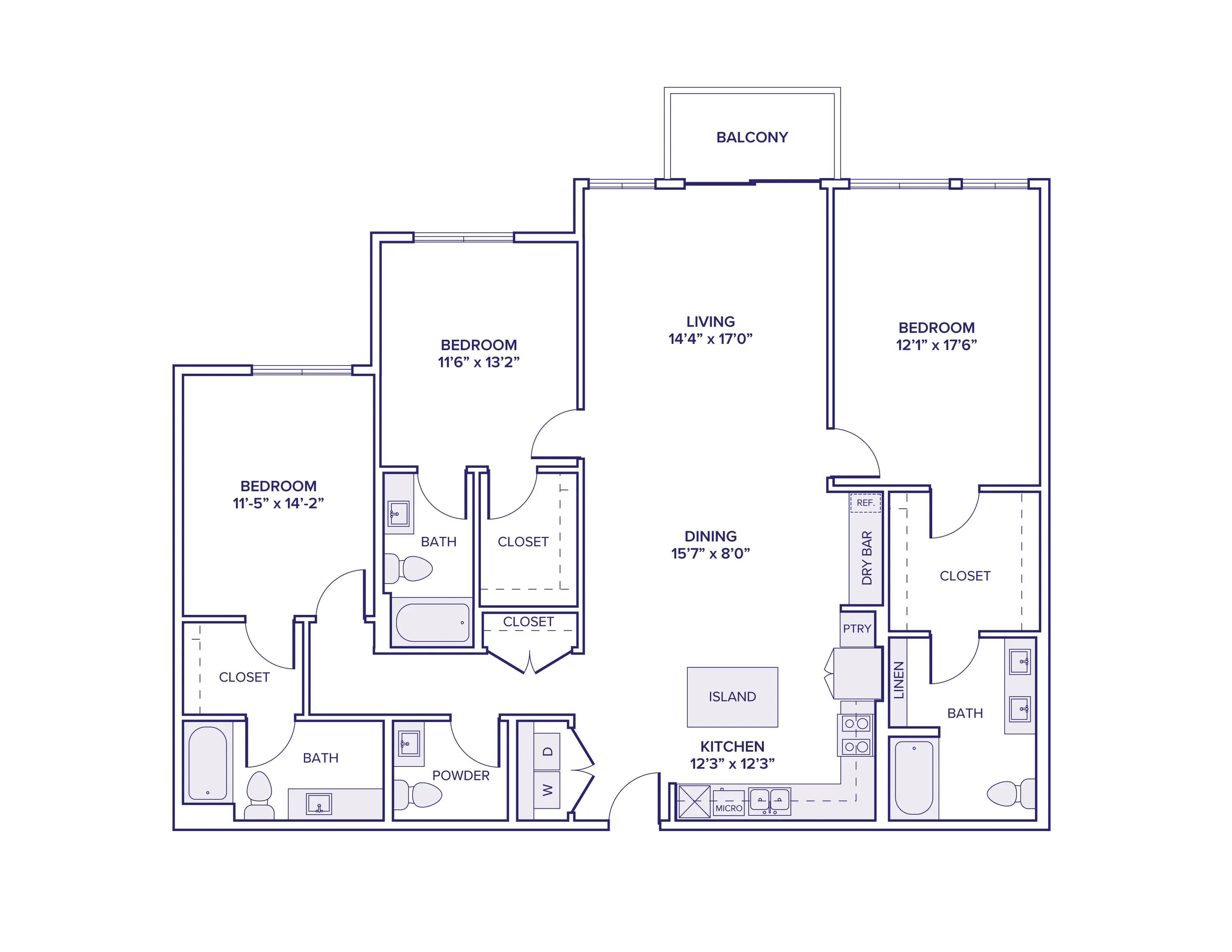 1814 square foot three bedroom three and a half bath apartment floor plan in Scottsdale, AZ
