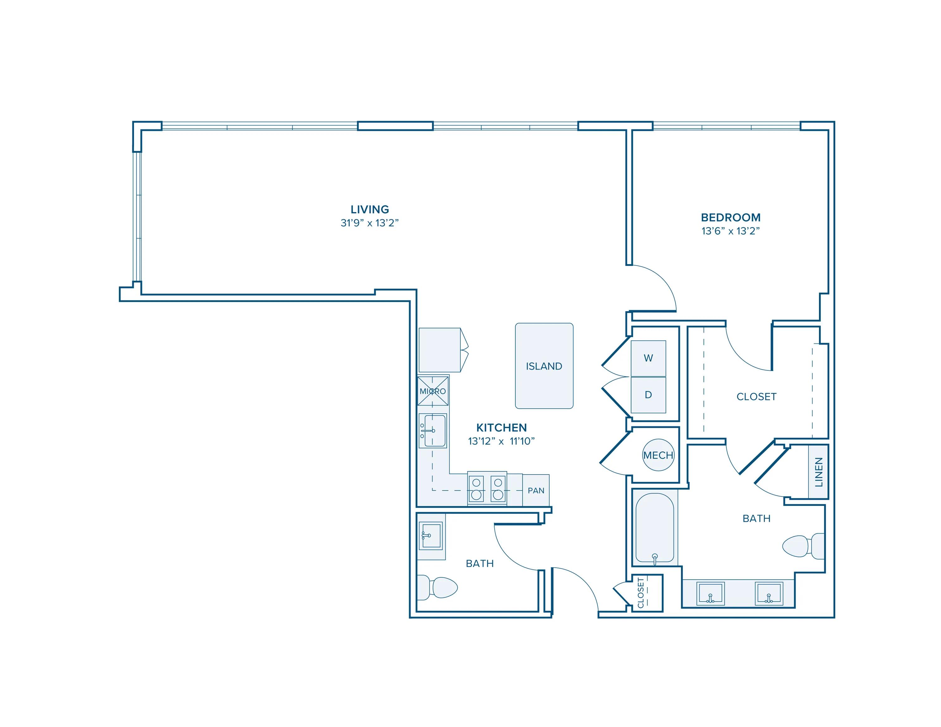 1333 square foot one bed one and a half bath apartment floor plan in Charlotte, NC