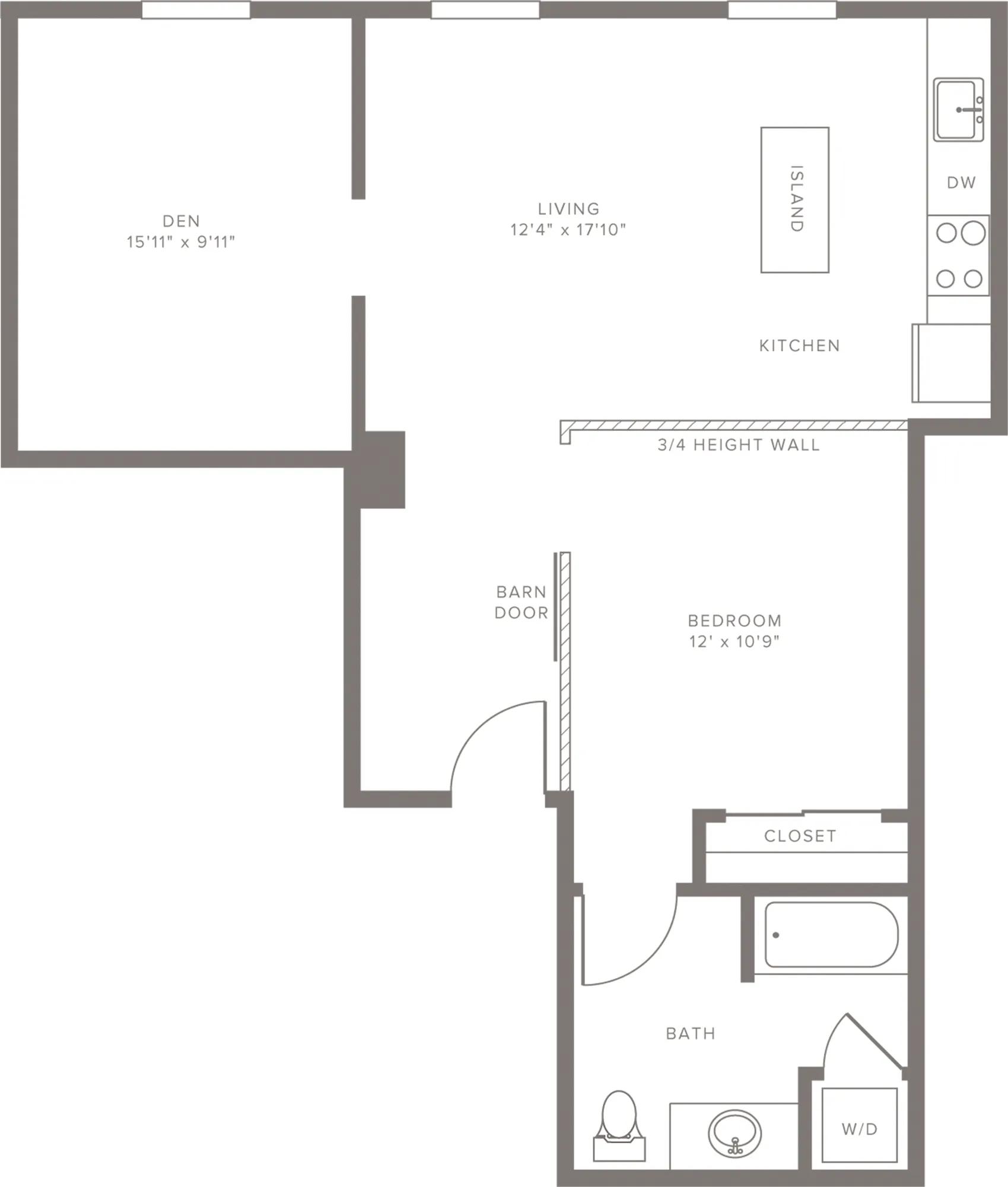 740 square foot one bedroom one bath with den apartment floorplan image