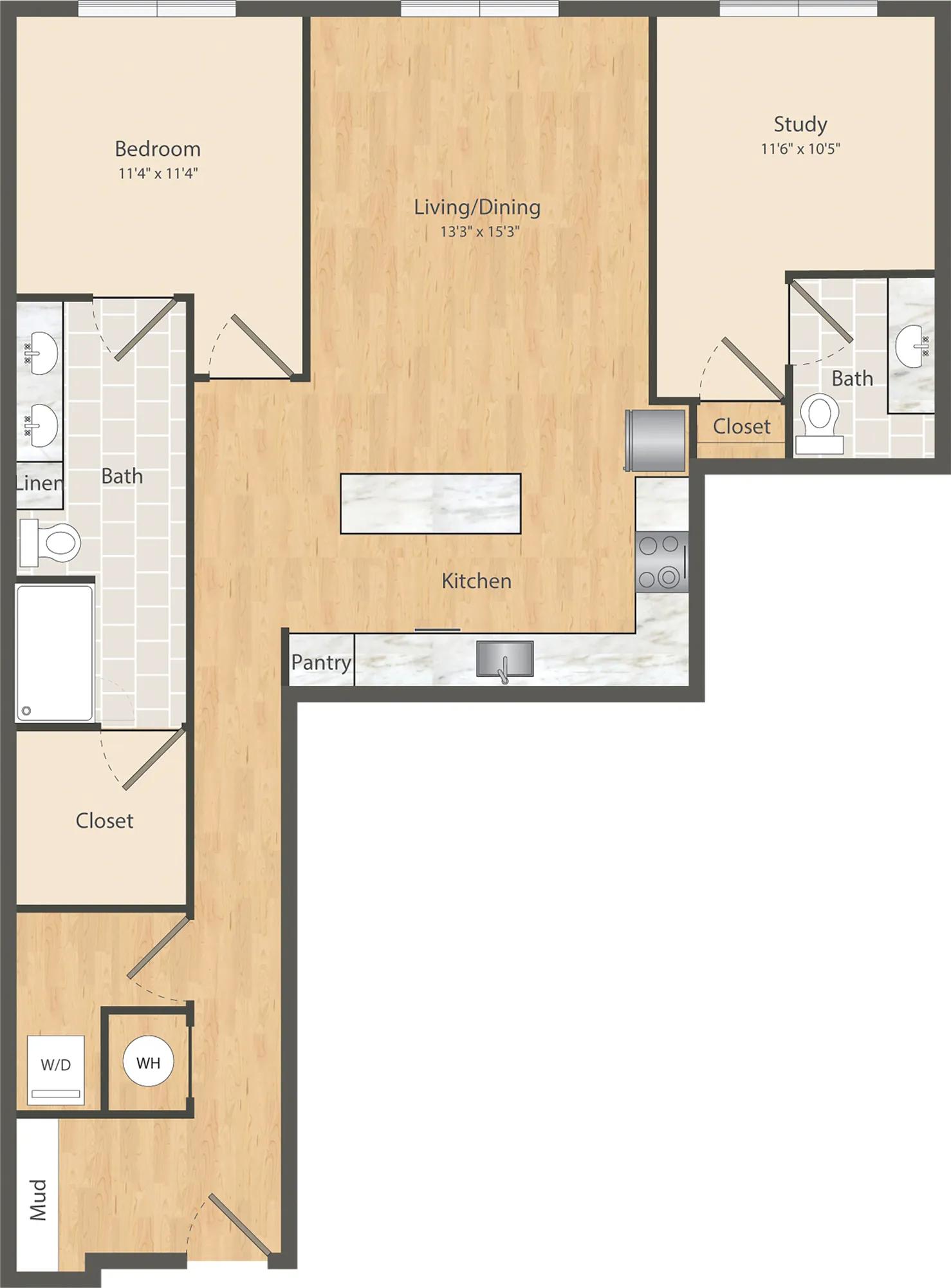 1108 square foot one bedroom one bath apartment floor plan in Dallas, TX